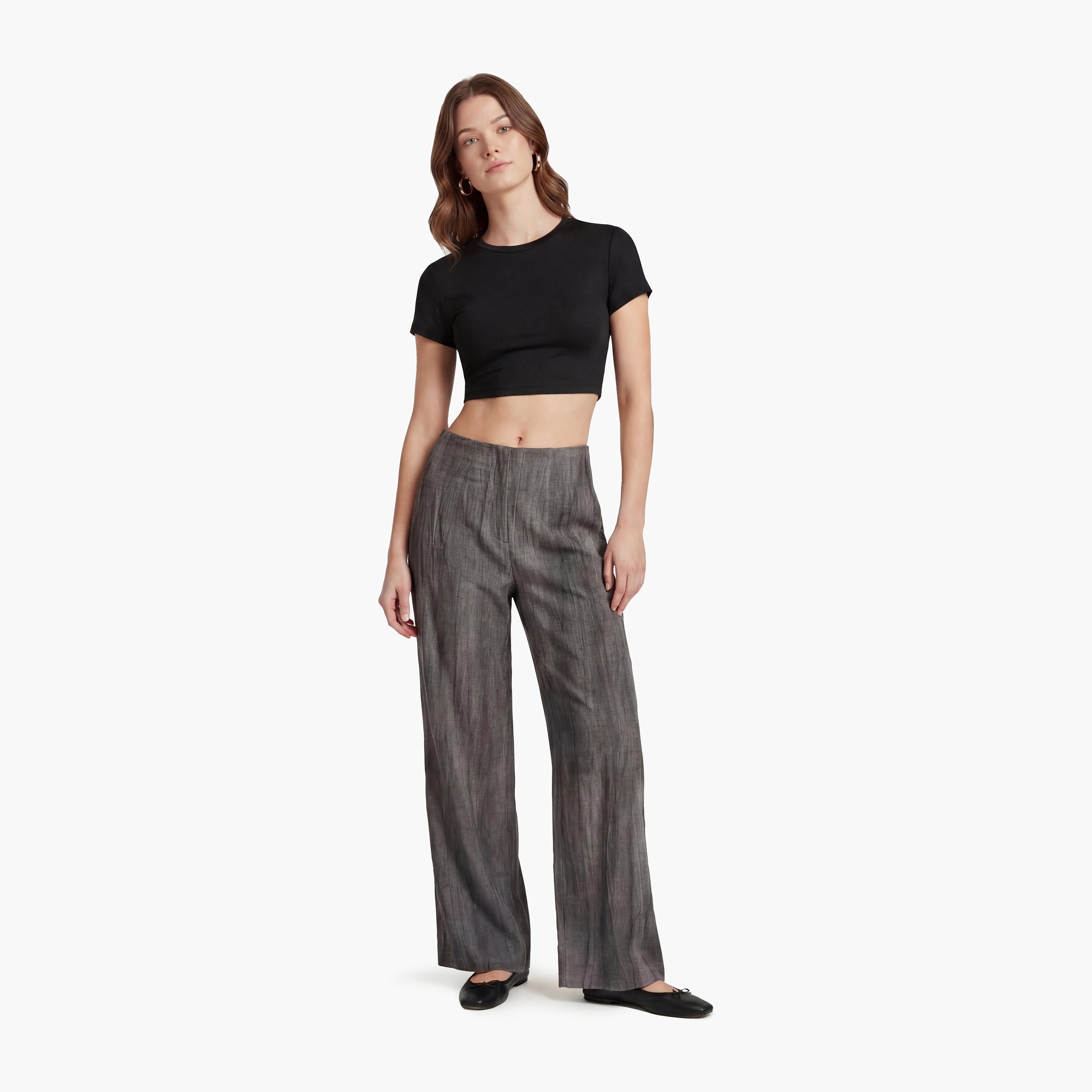 KOTON Grey Crinkled Washed Concealed Zip Straight Women's Trousers-women-clothing-bottoms-trousers-image-2