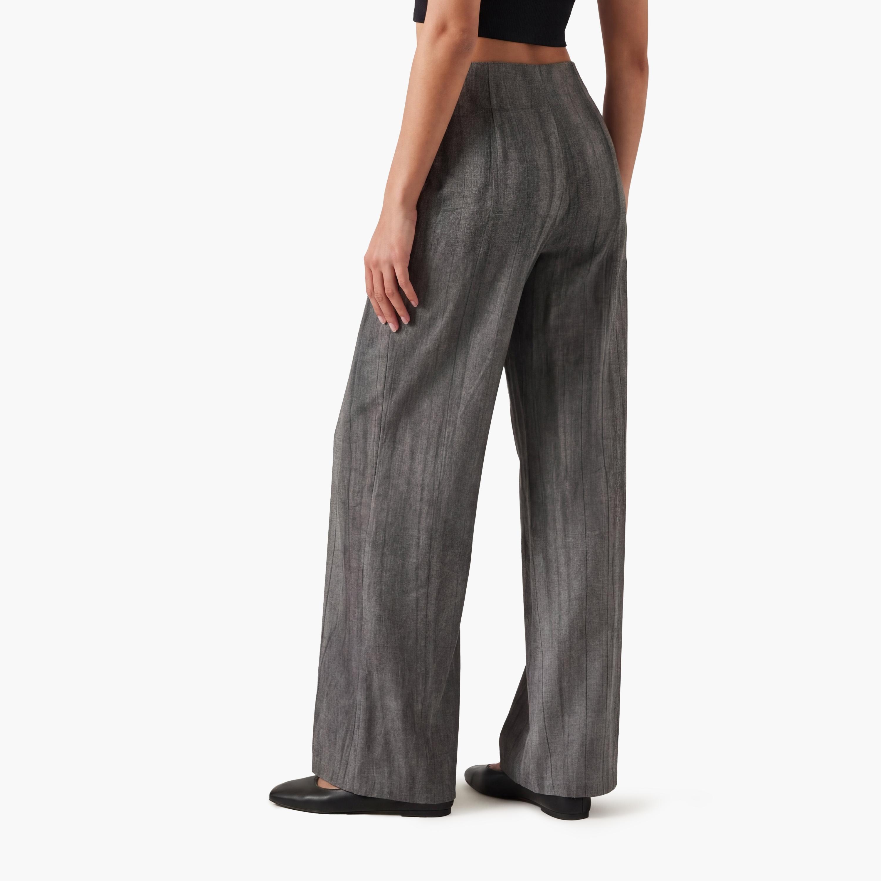 KOTON Grey Crinkled Washed Concealed Zip Straight Women's Trousers-women-clothing-bottoms-trousers-image-3