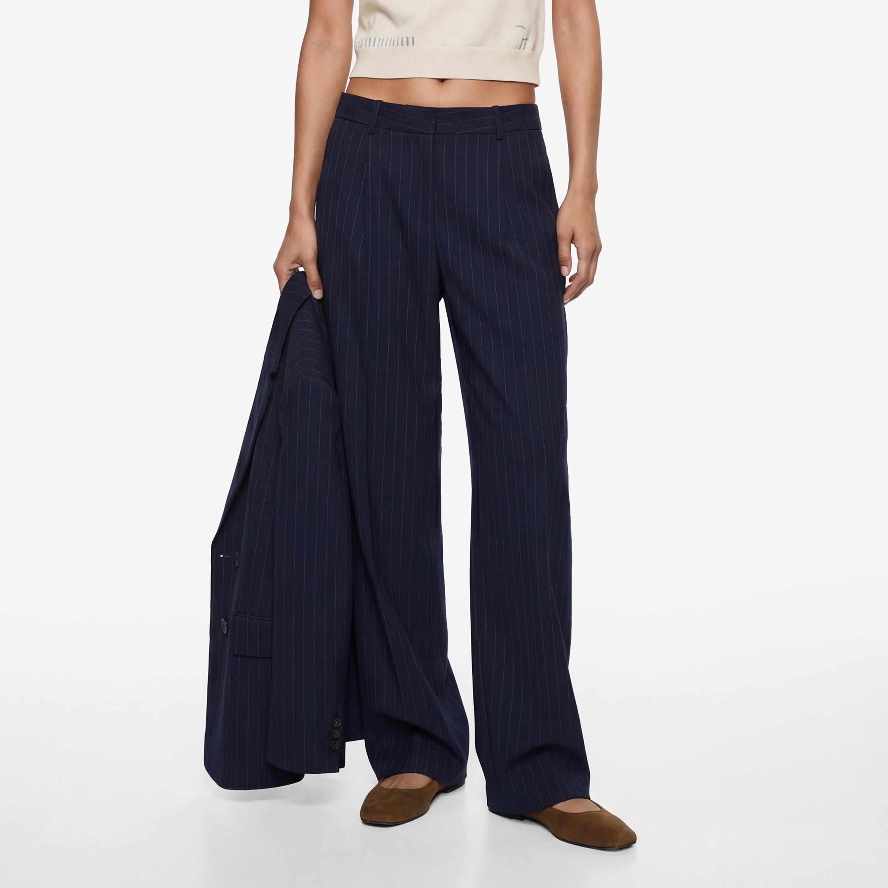 KOTON Navy Striped Hook and Bar Wide Leg Women's Trousers-women-clothing-bottoms-trousers-image-1