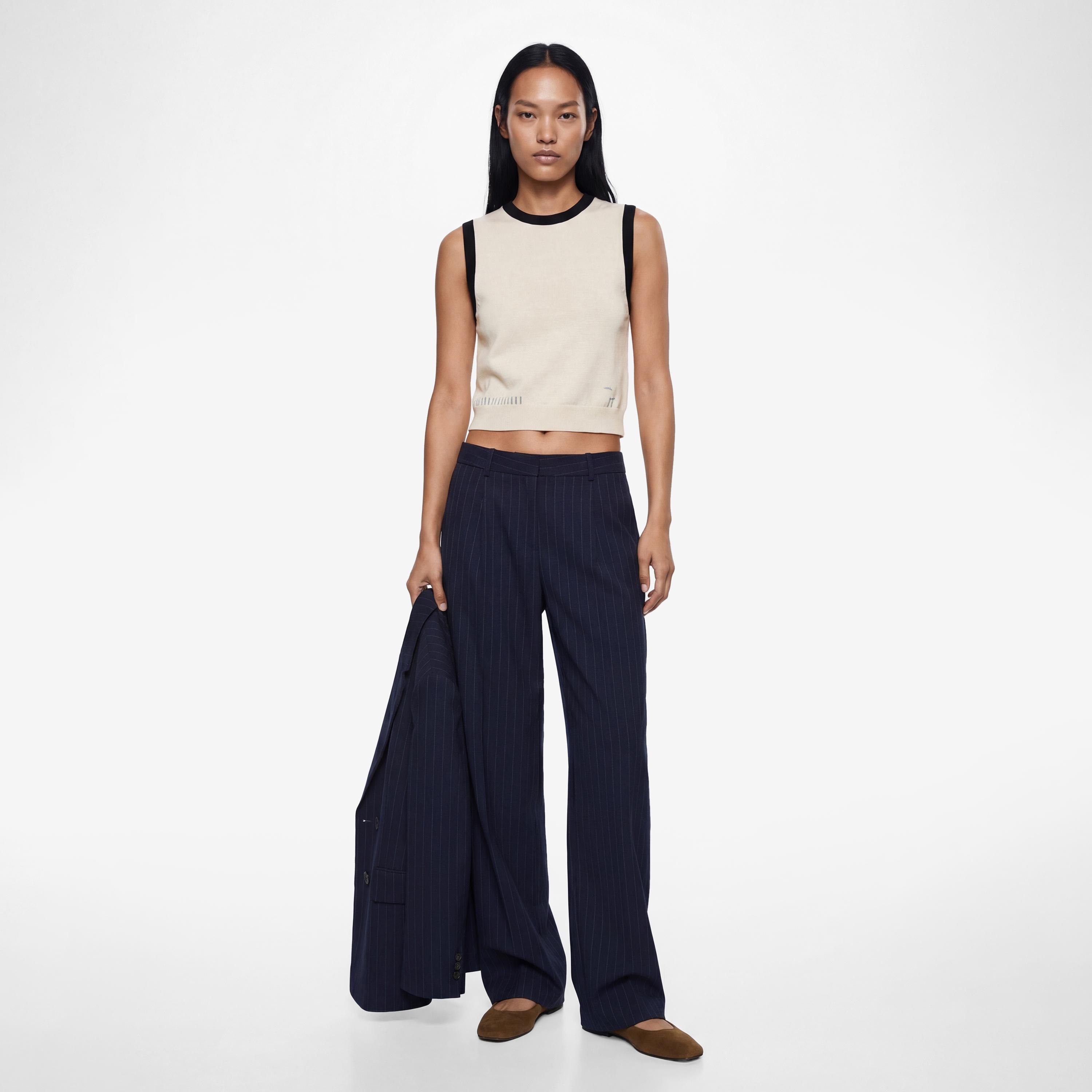 KOTON Navy Striped Hook and Bar Wide Leg Women's Trousers-women-clothing-bottoms-trousers-image-2