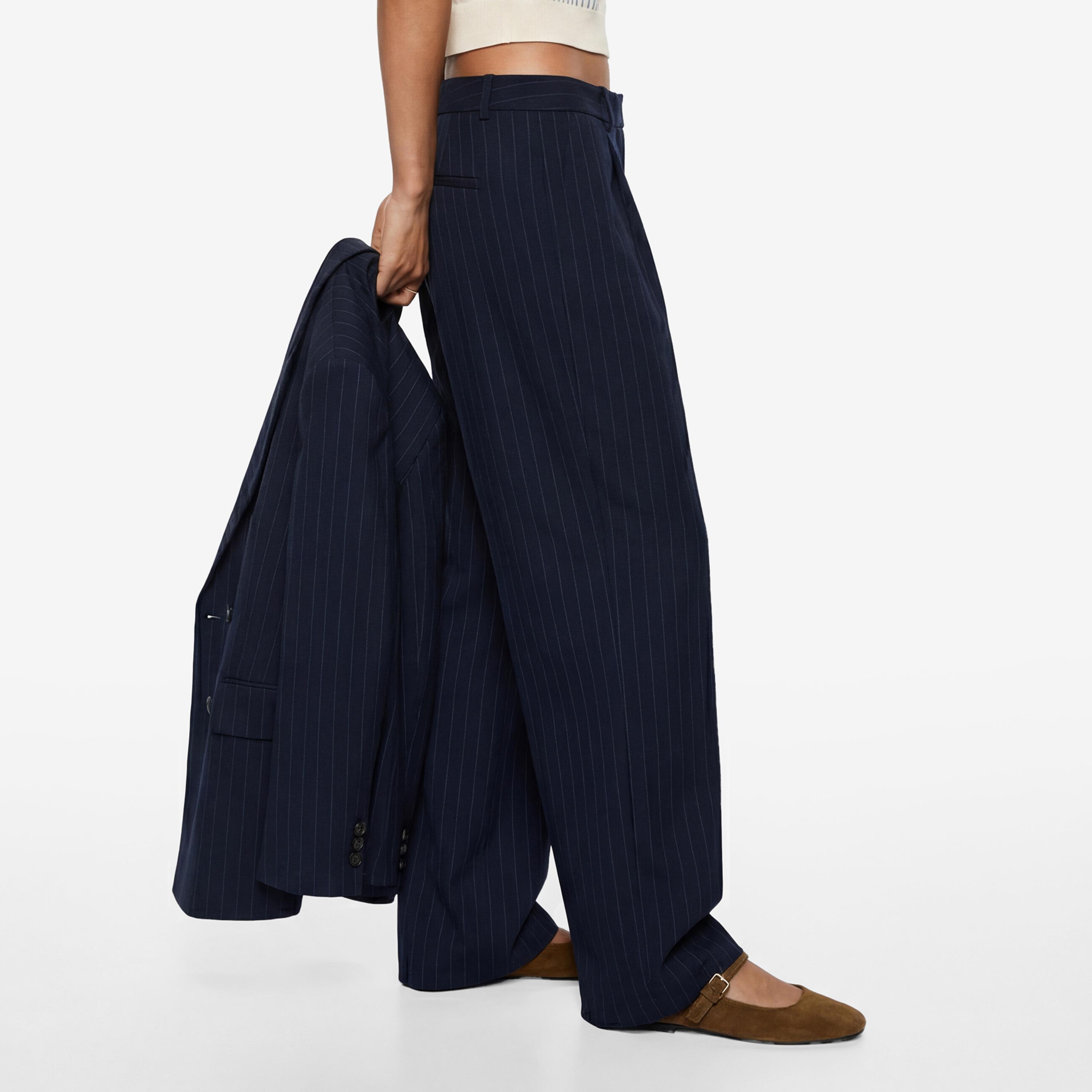 KOTON Navy Striped Hook and Bar Wide Leg Women's Trousers-women-clothing-bottoms-trousers-image-3