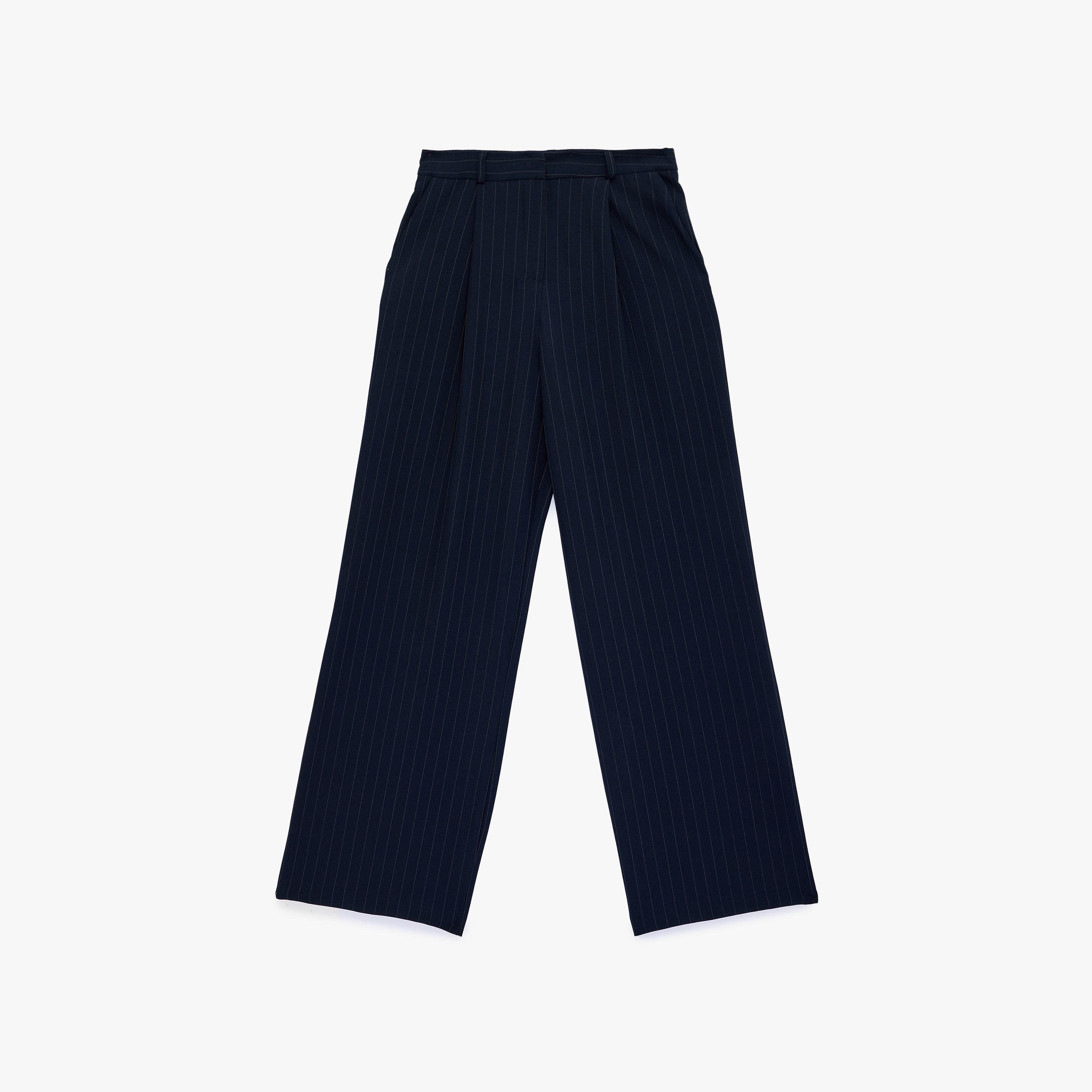 KOTON Navy Striped Hook and Bar Wide Leg Women's Trousers-women-clothing-bottoms-trousers-image-4
