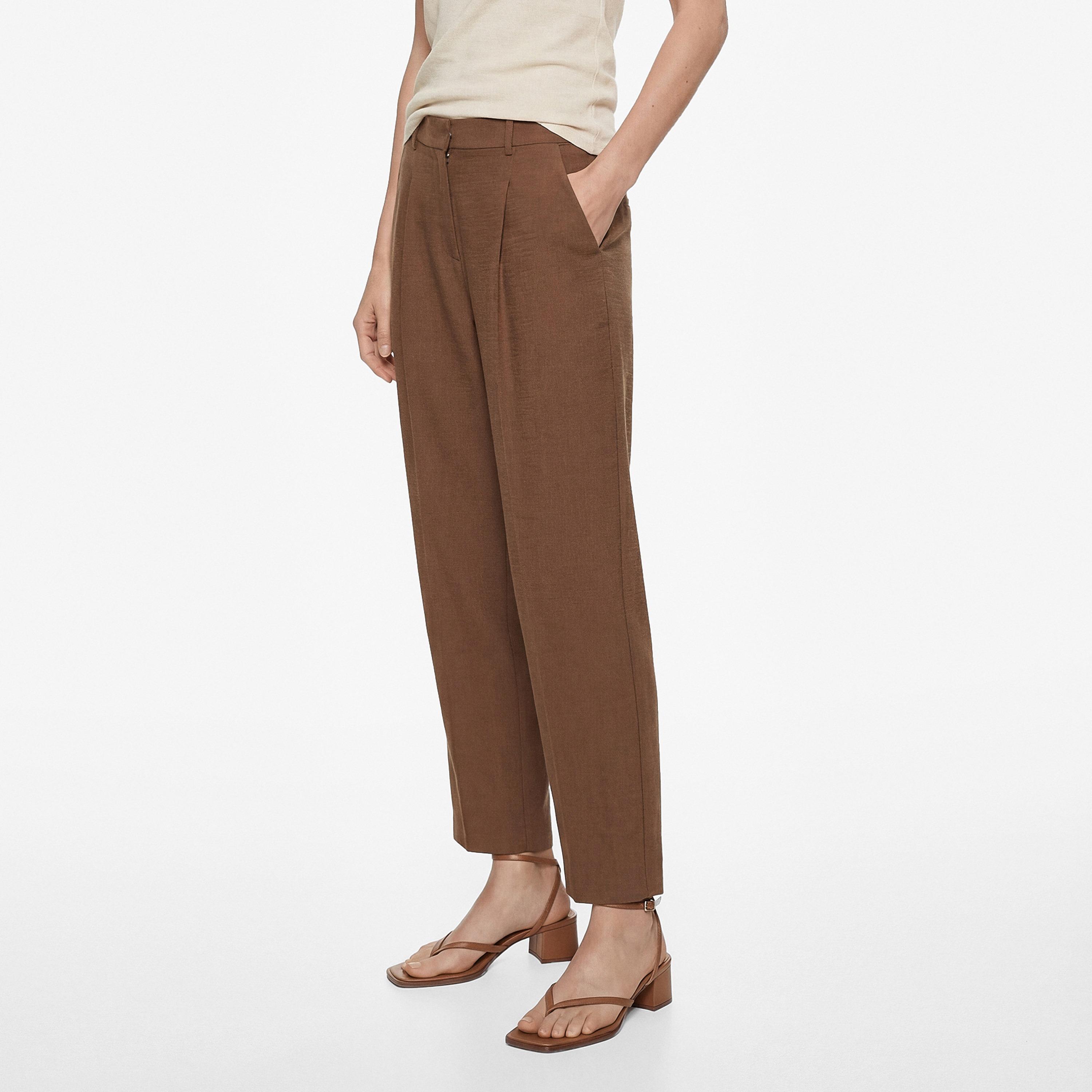 KOTON Brown Plain Linen Hook and Bar Carrot Women's Trousers-women-clothing-bottoms-trousers-image-1