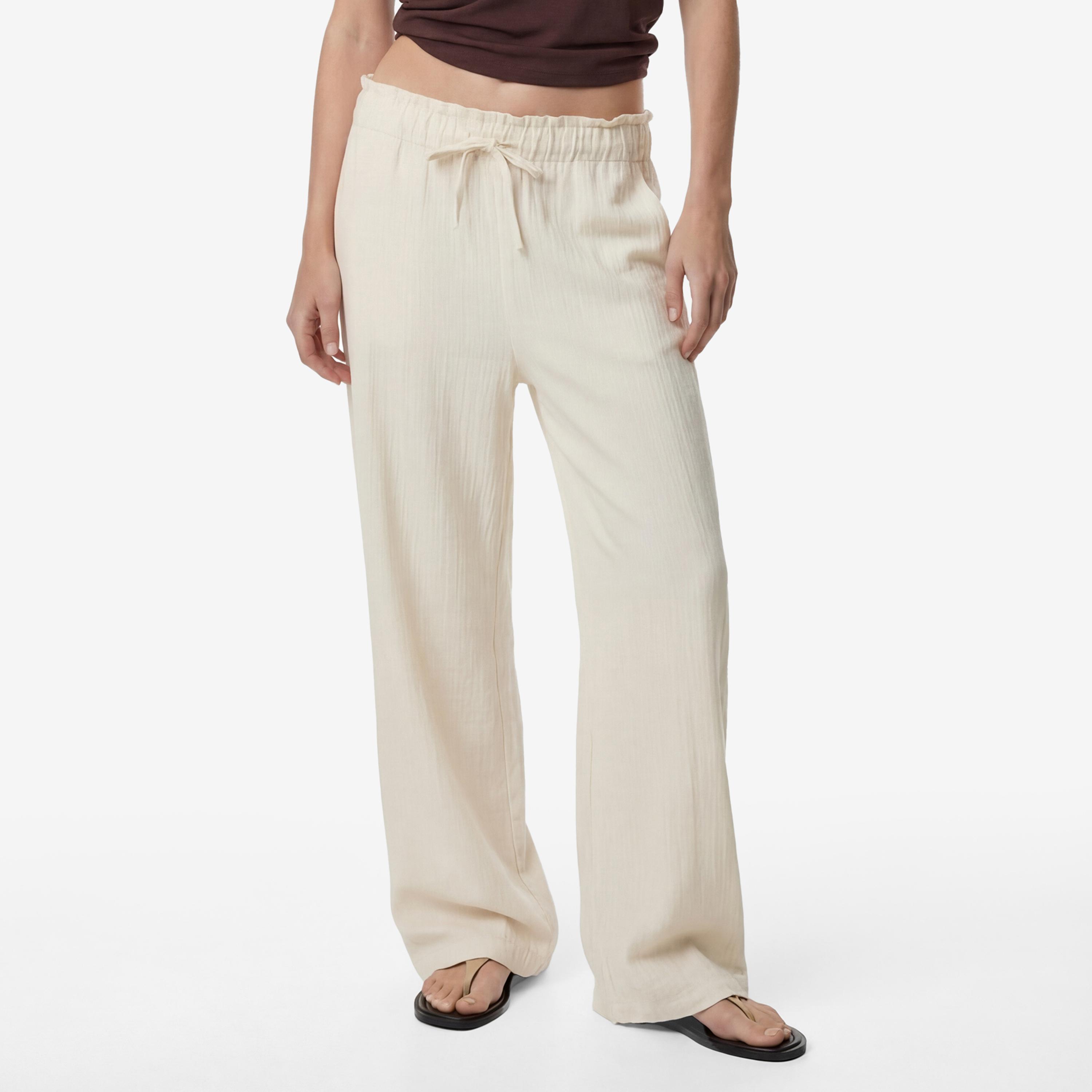 KOTON Cream Textured Linen Drawstring Waist Wide Leg Women's Trousers-women-clothing-bottoms-trousers-image-1