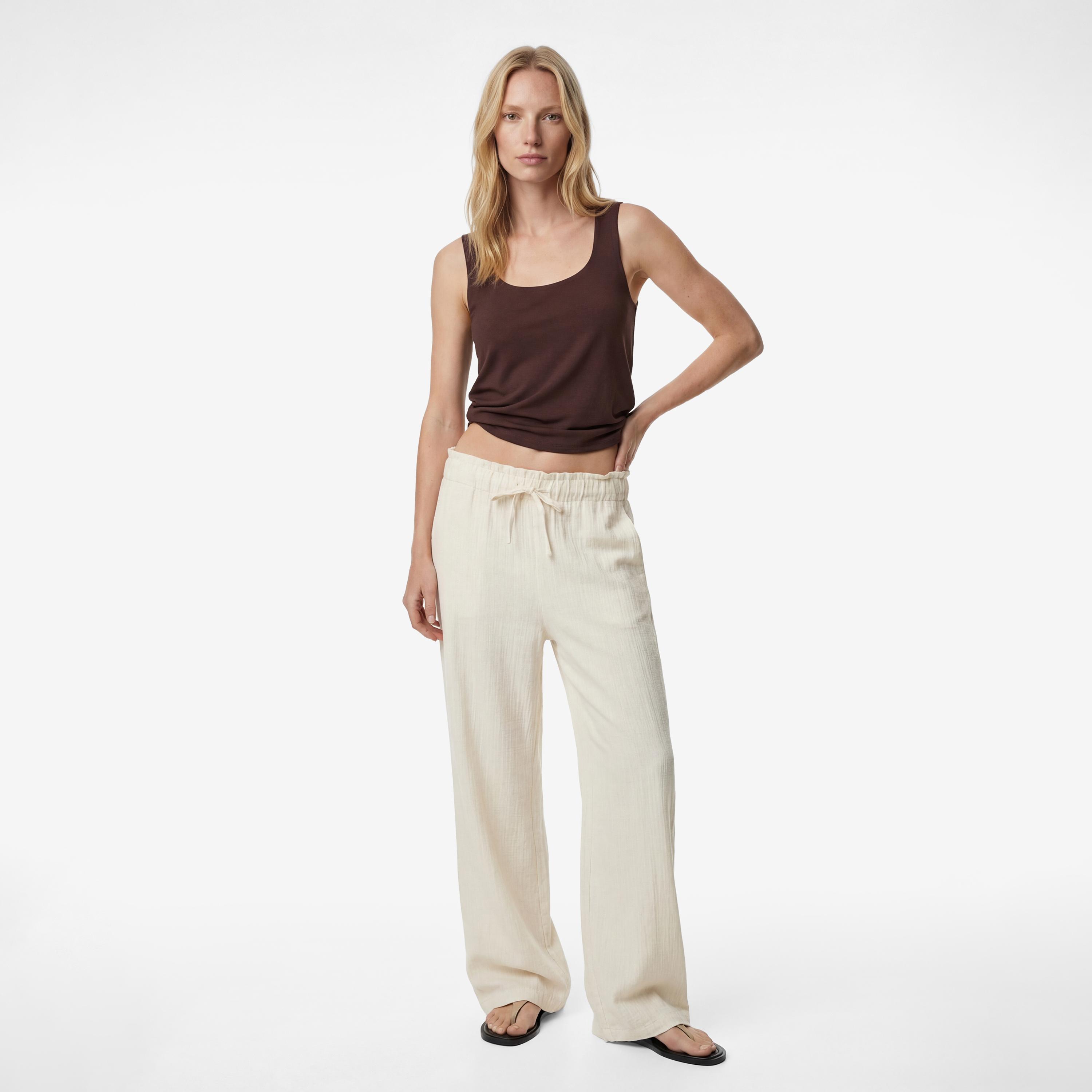 KOTON Cream Textured Linen Drawstring Waist Wide Leg Women's Trousers-women-clothing-bottoms-trousers-image-2