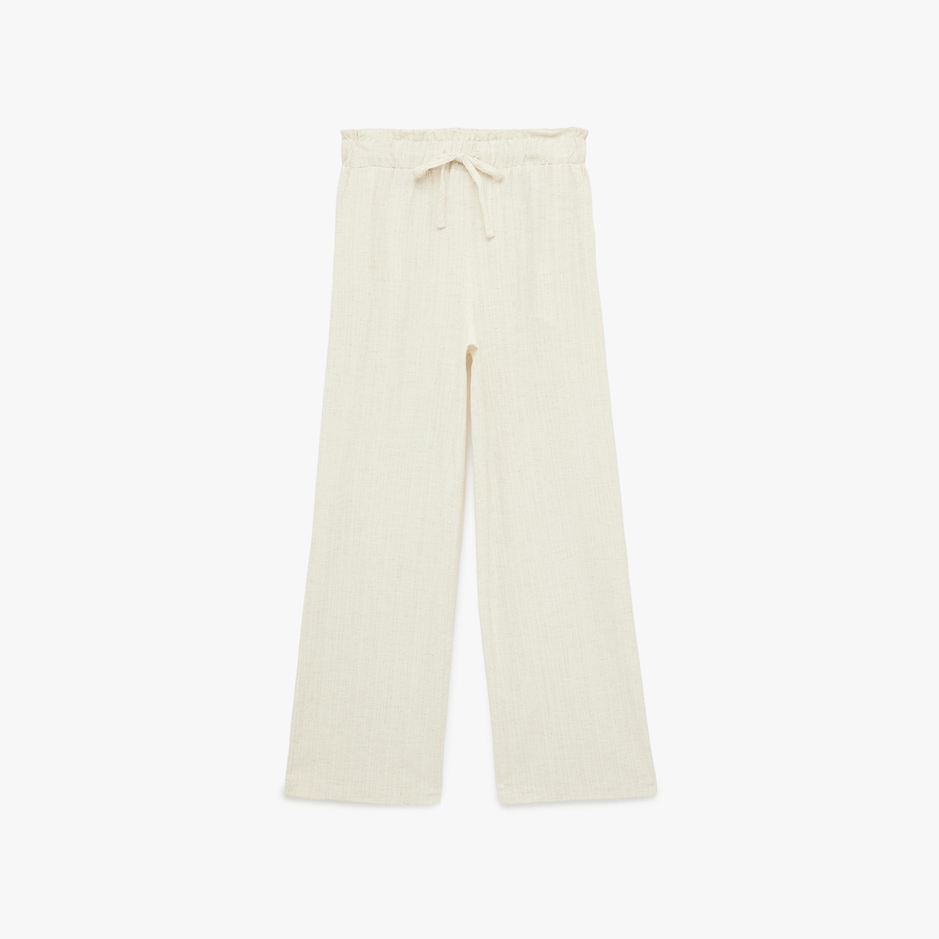 KOTON Cream Textured Linen Drawstring Waist Wide Leg Women's Trousers-women-clothing-bottoms-trousers-image-3