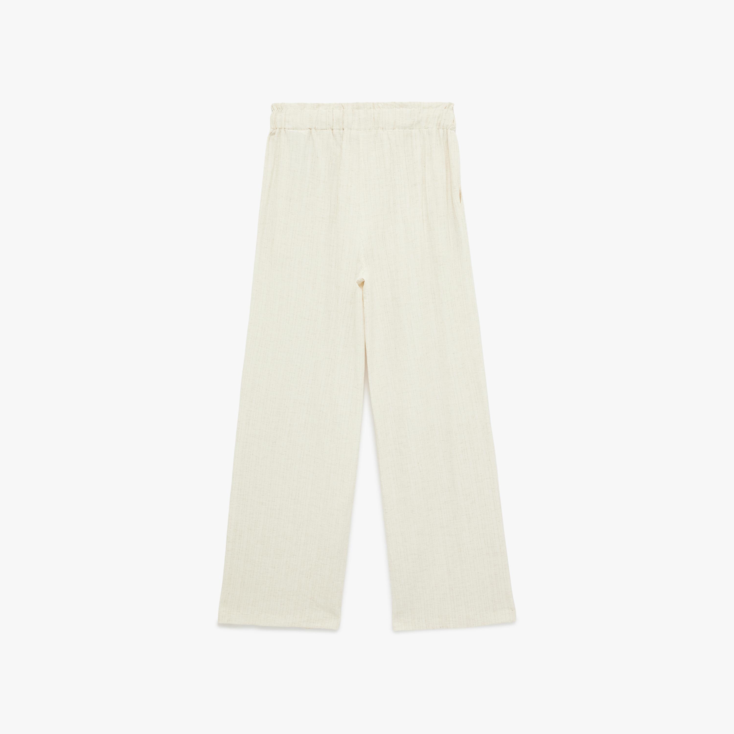 KOTON Cream Textured Linen Drawstring Waist Wide Leg Women's Trousers-women-clothing-bottoms-trousers-image-4