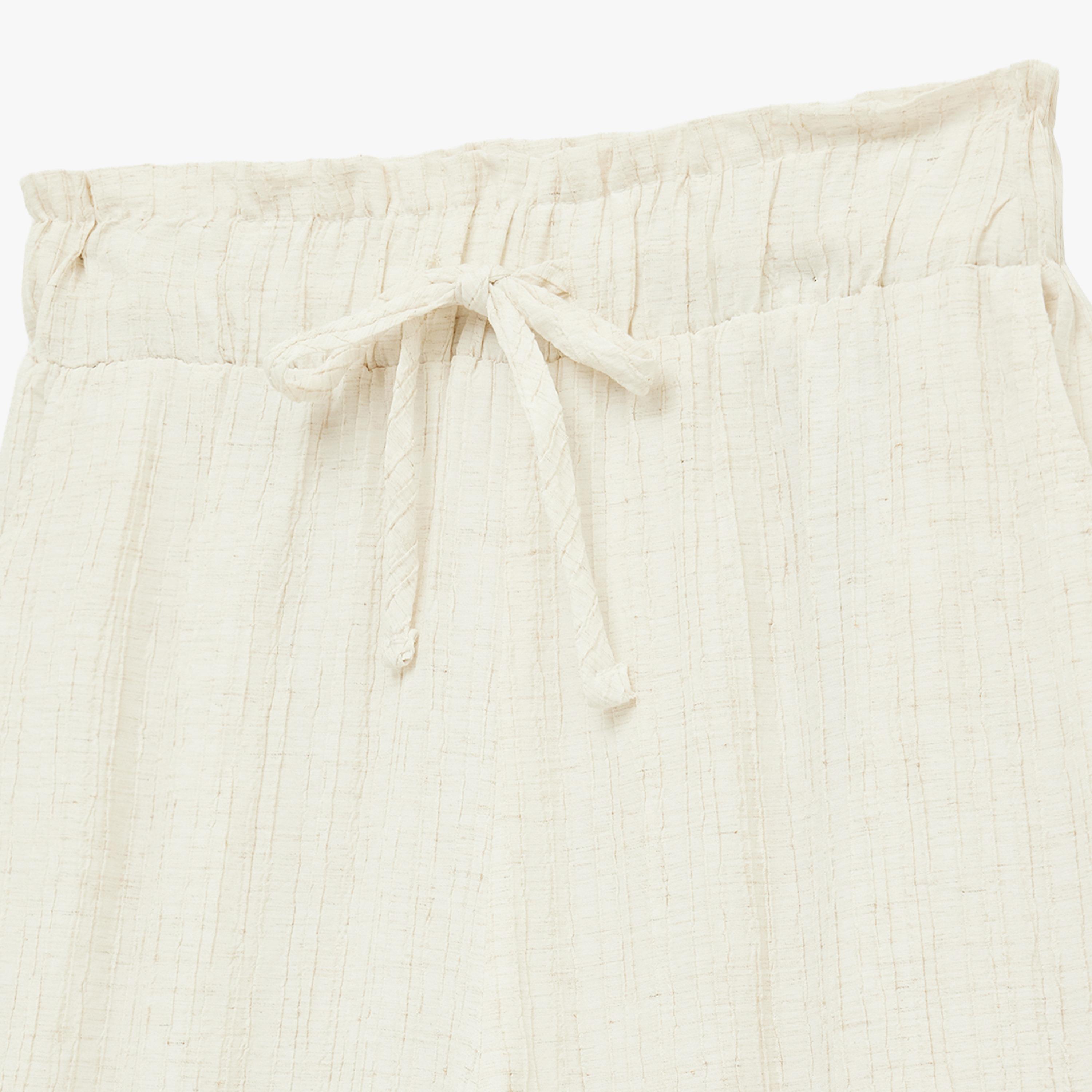 KOTON Cream Textured Linen Drawstring Waist Wide Leg Women's Trousers-women-clothing-bottoms-trousers-image-5