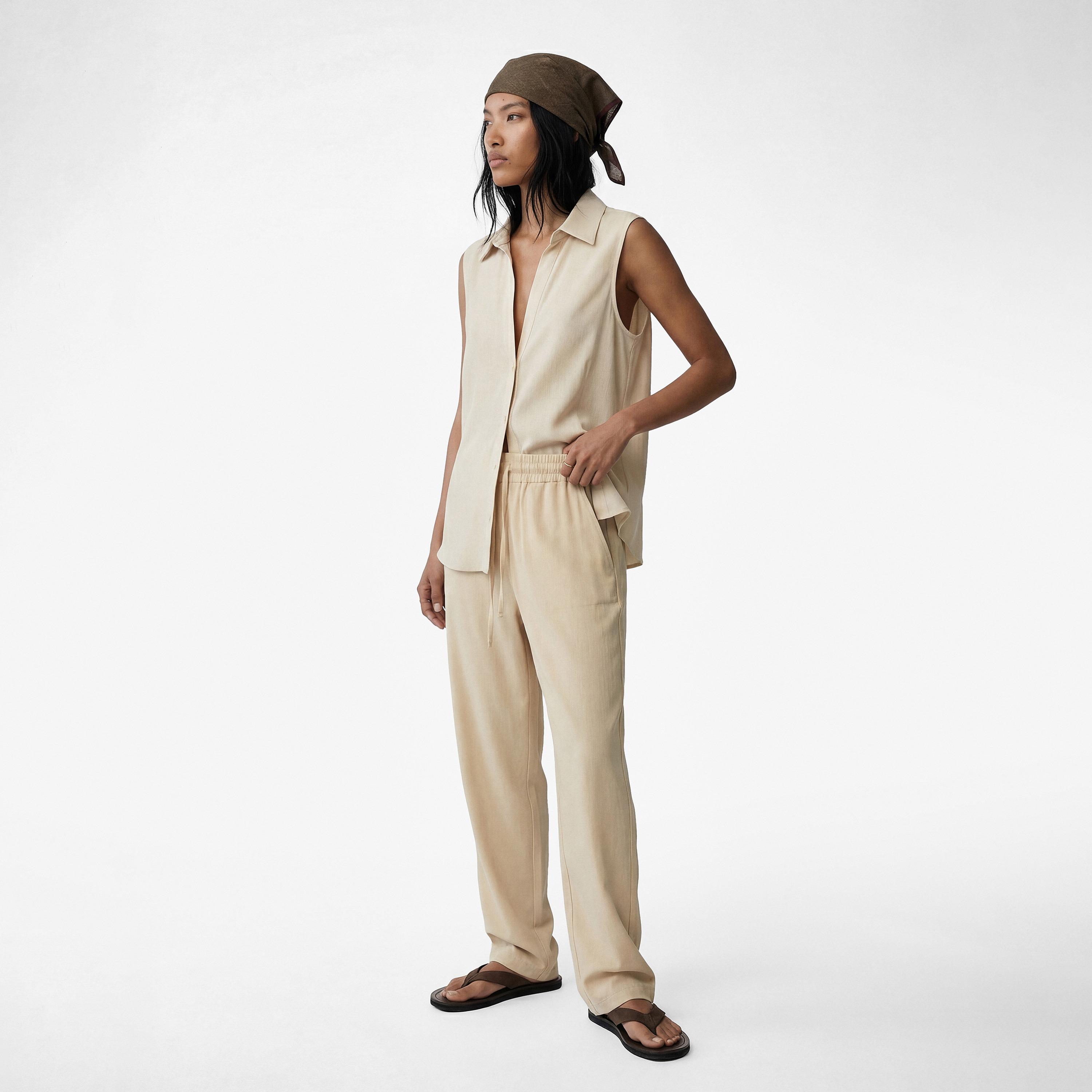 KOTON Plain Linen Drawstring Waist Tapered Women's Trousers-women-clothing-bottoms-trousers-image-2