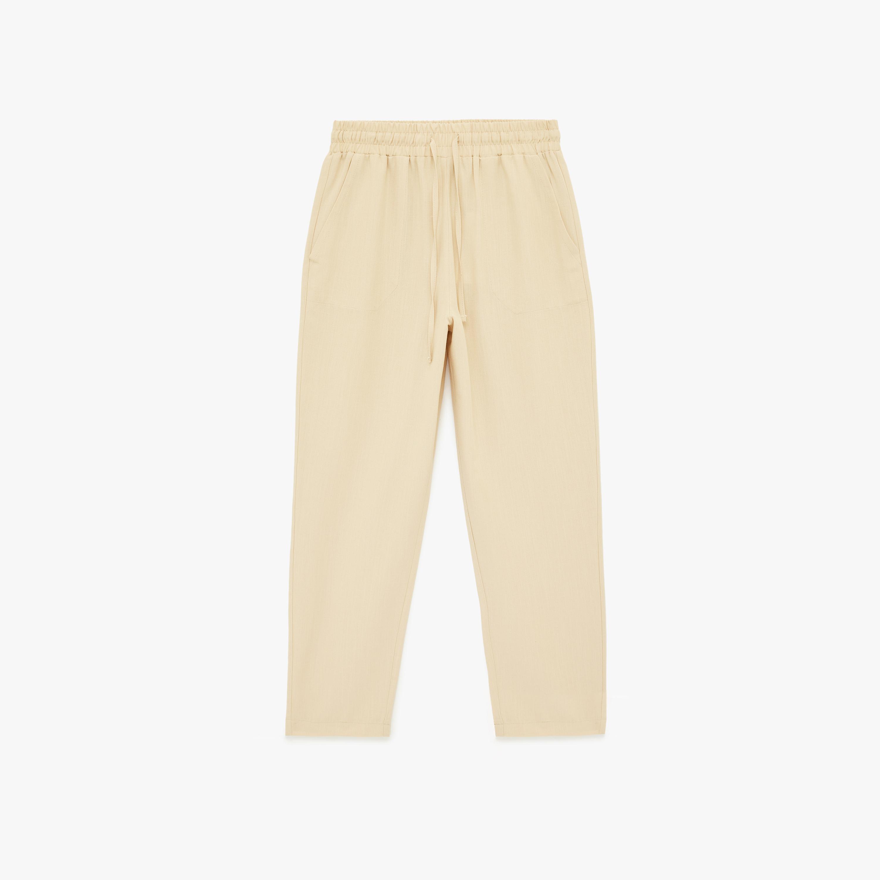 KOTON Plain Linen Drawstring Waist Tapered Women's Trousers-women-clothing-bottoms-trousers-image-3
