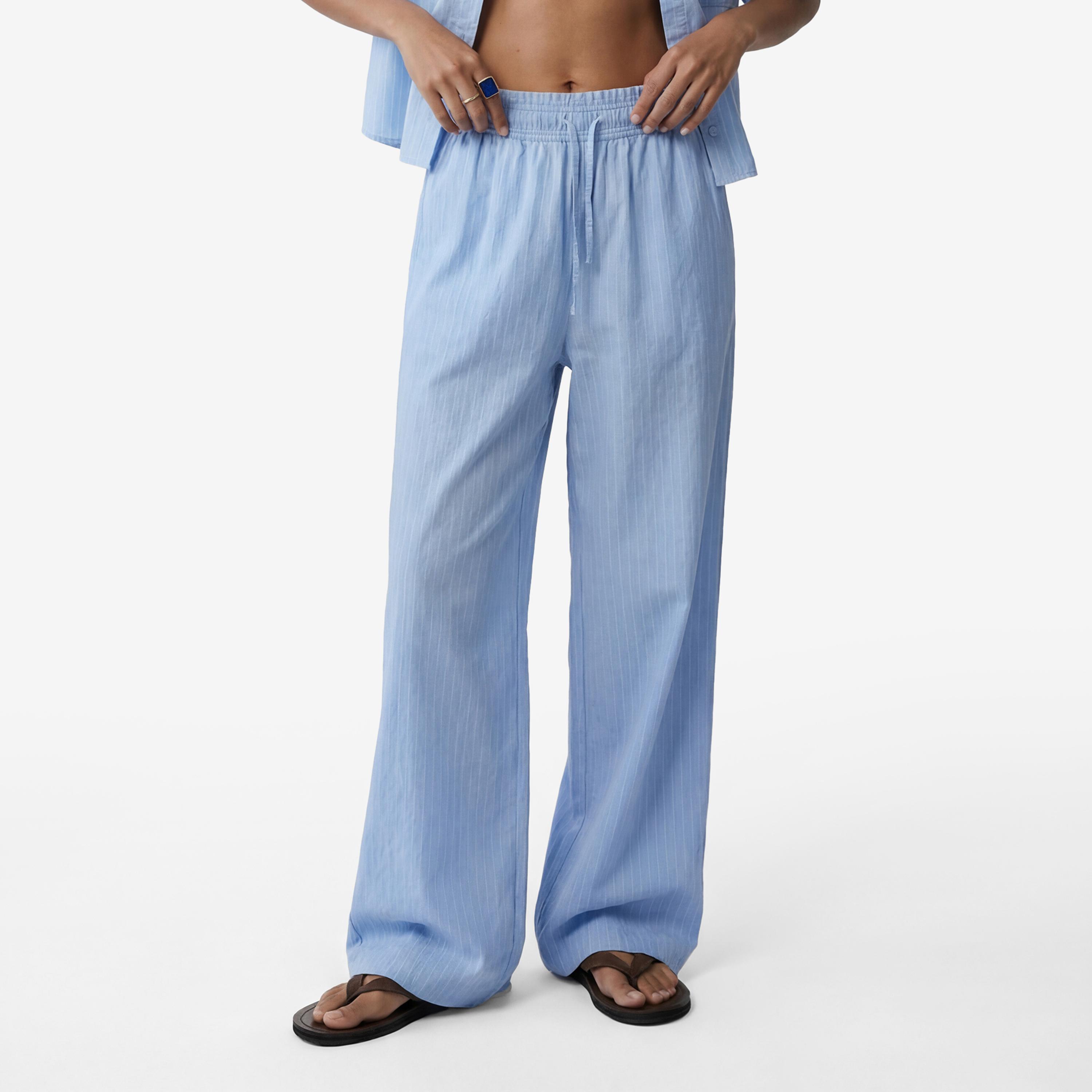 KOTON Blue Striped Modal Drawstring Waist Wide Leg Women's Trousers-women-clothing-bottoms-trousers-image-1