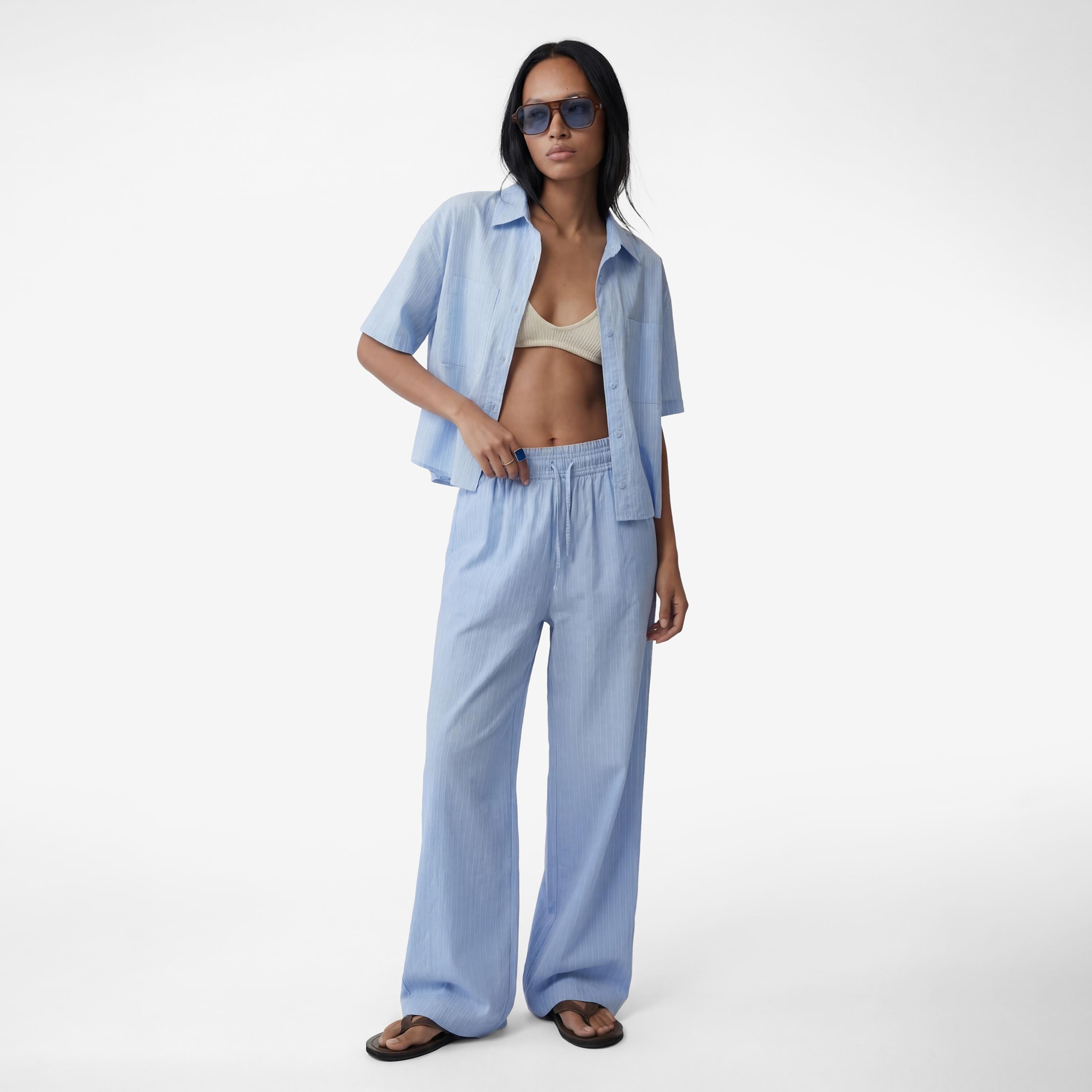 KOTON Blue Striped Modal Drawstring Waist Wide Leg Women's Trousers-women-clothing-bottoms-trousers-image-2