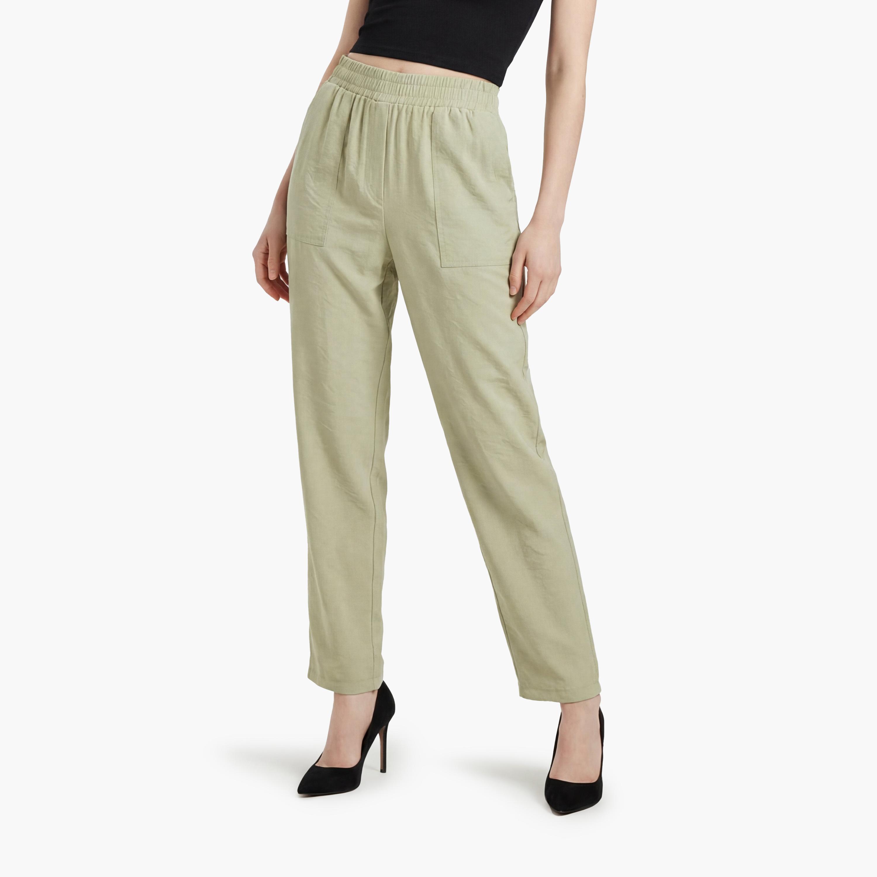 بنطلون نسائي قصة "كاروت" سادة بخصر مطاطي من كوتون-women-clothing-bottoms-trousers-image-1