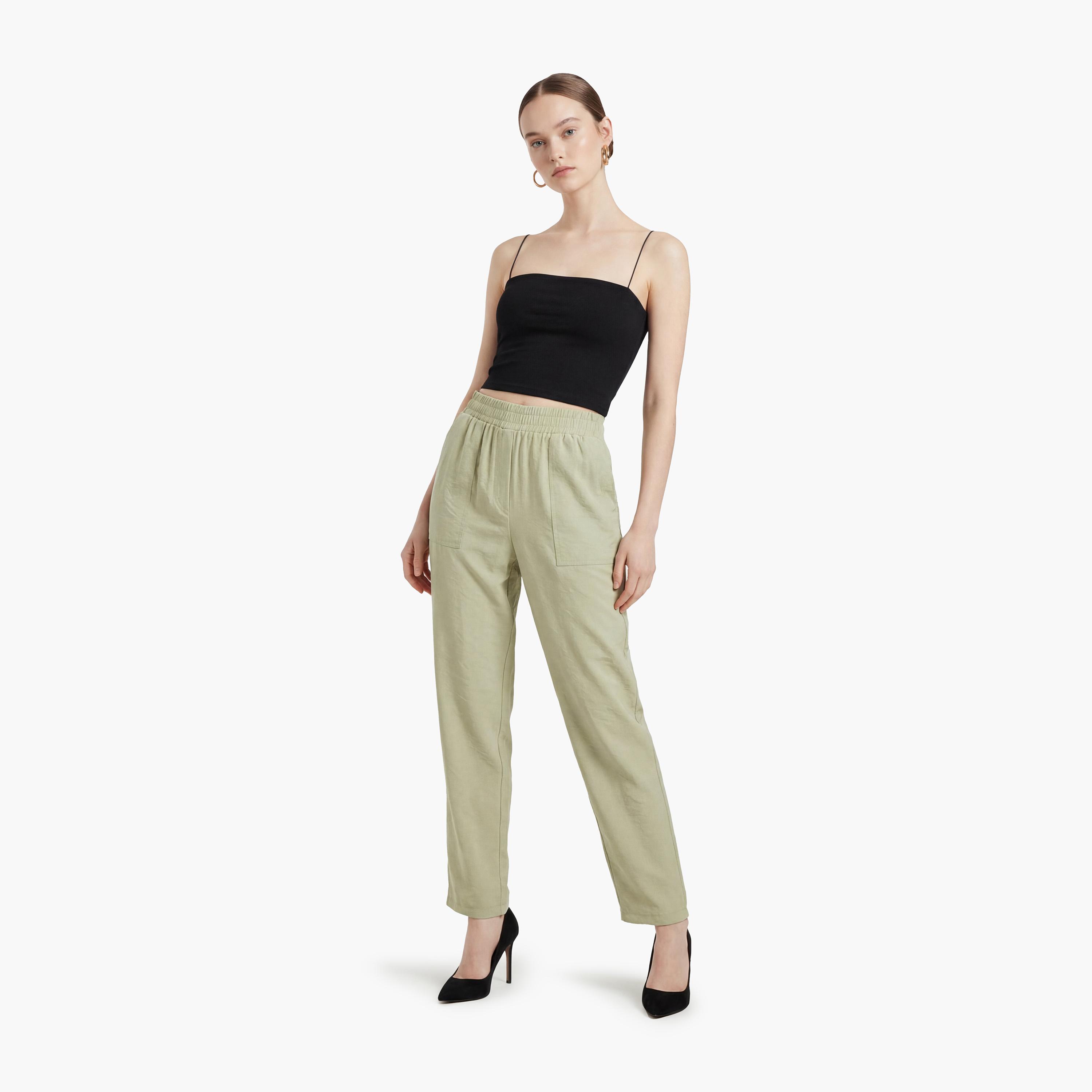 بنطلون نسائي قصة "كاروت" سادة بخصر مطاطي من كوتون-women-clothing-bottoms-trousers-image-2