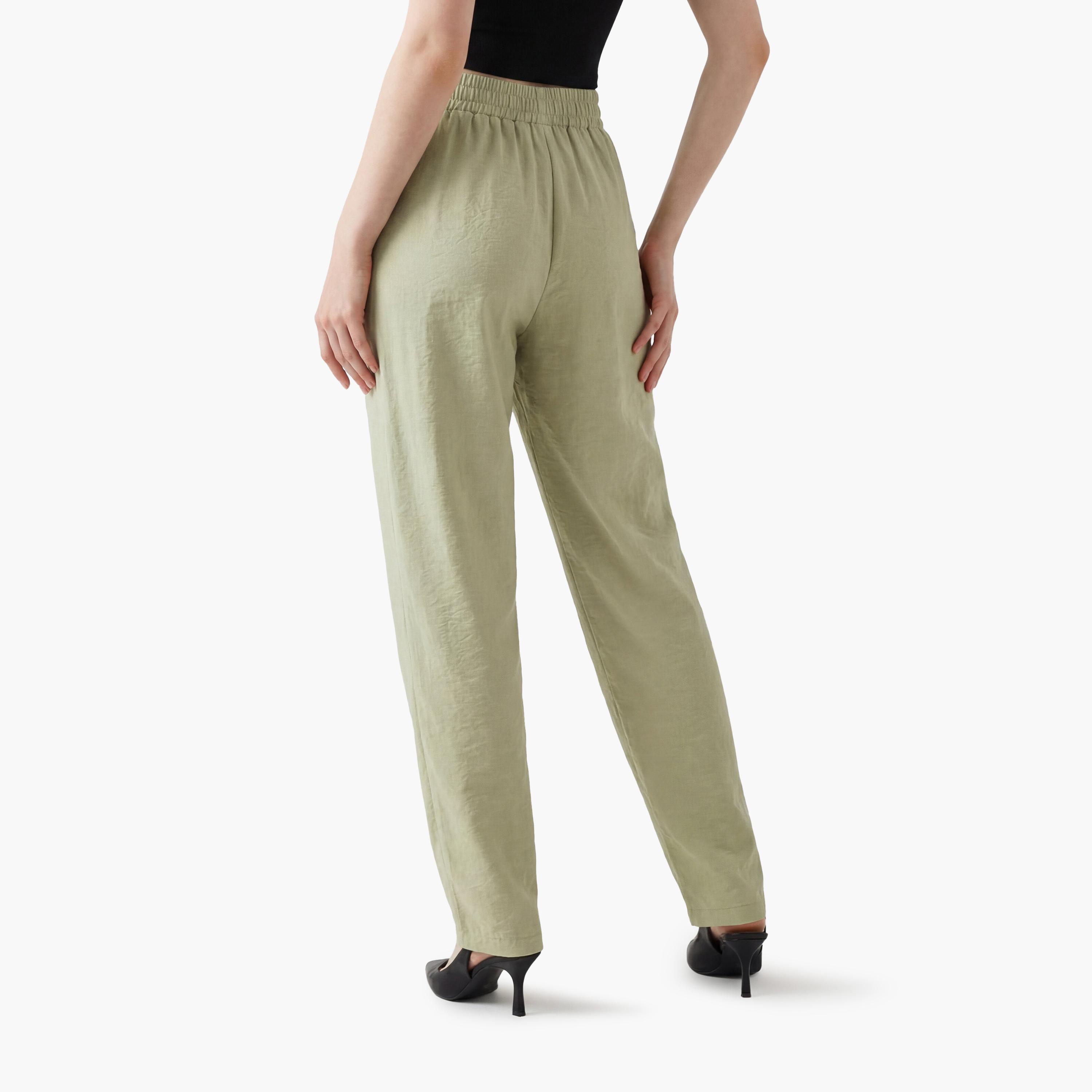 بنطلون نسائي قصة "كاروت" سادة بخصر مطاطي من كوتون-women-clothing-bottoms-trousers-image-3
