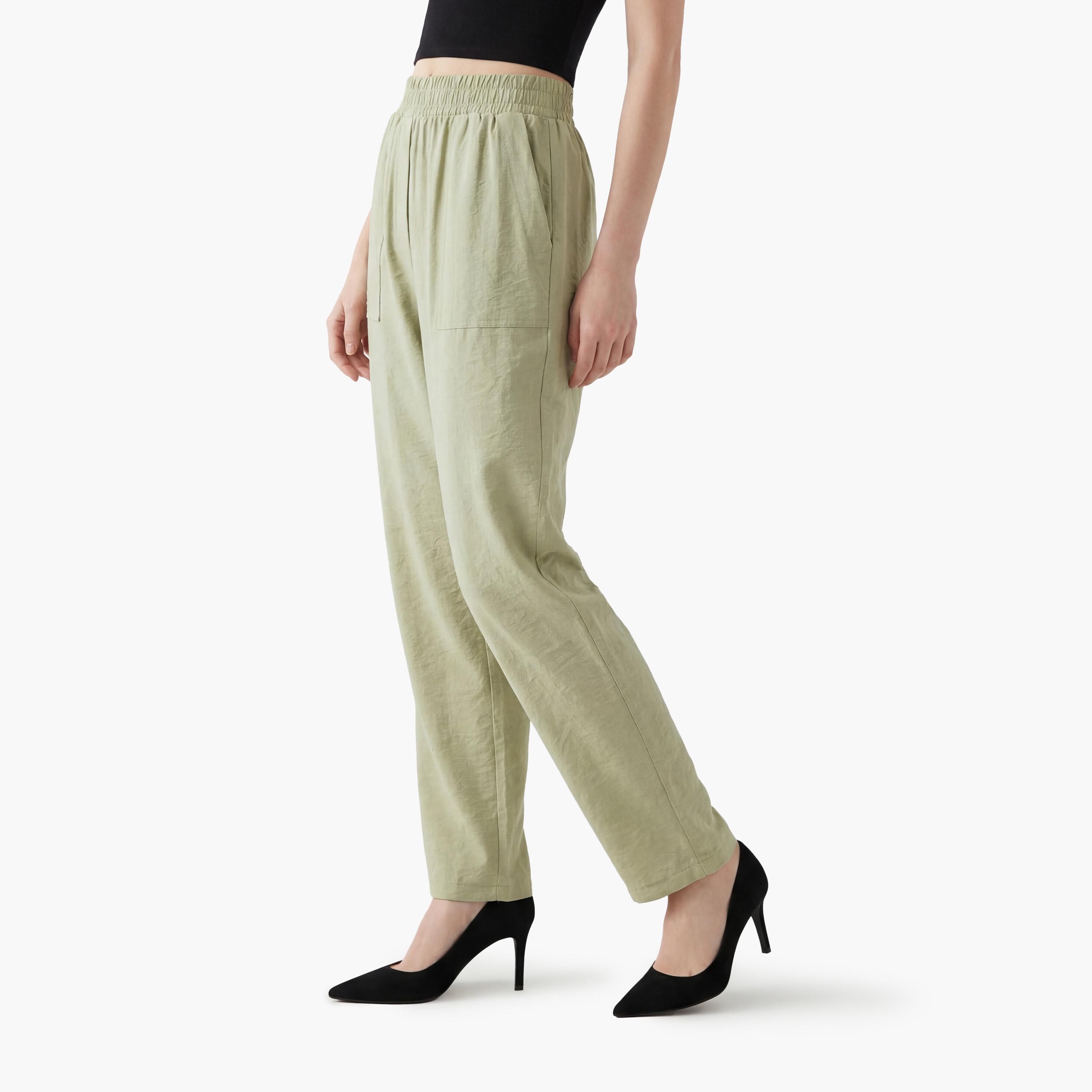 بنطلون نسائي قصة "كاروت" سادة بخصر مطاطي من كوتون-women-clothing-bottoms-trousers-image-4