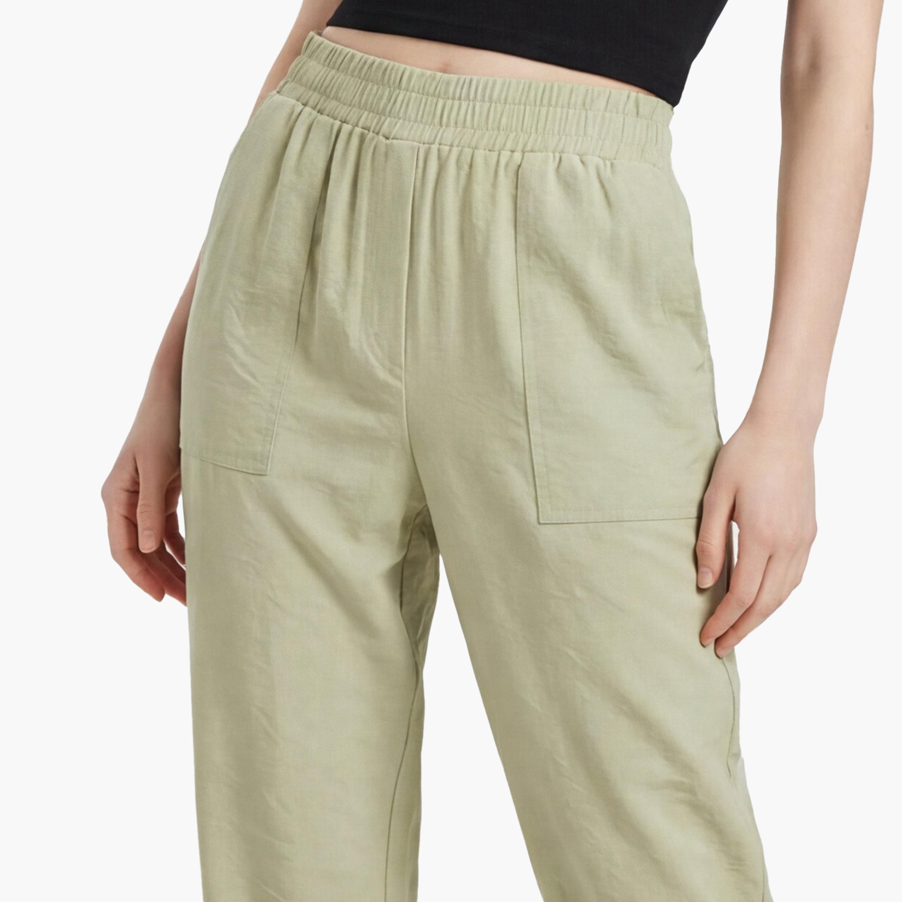 بنطلون نسائي قصة "كاروت" سادة بخصر مطاطي من كوتون-women-clothing-bottoms-trousers-image-5