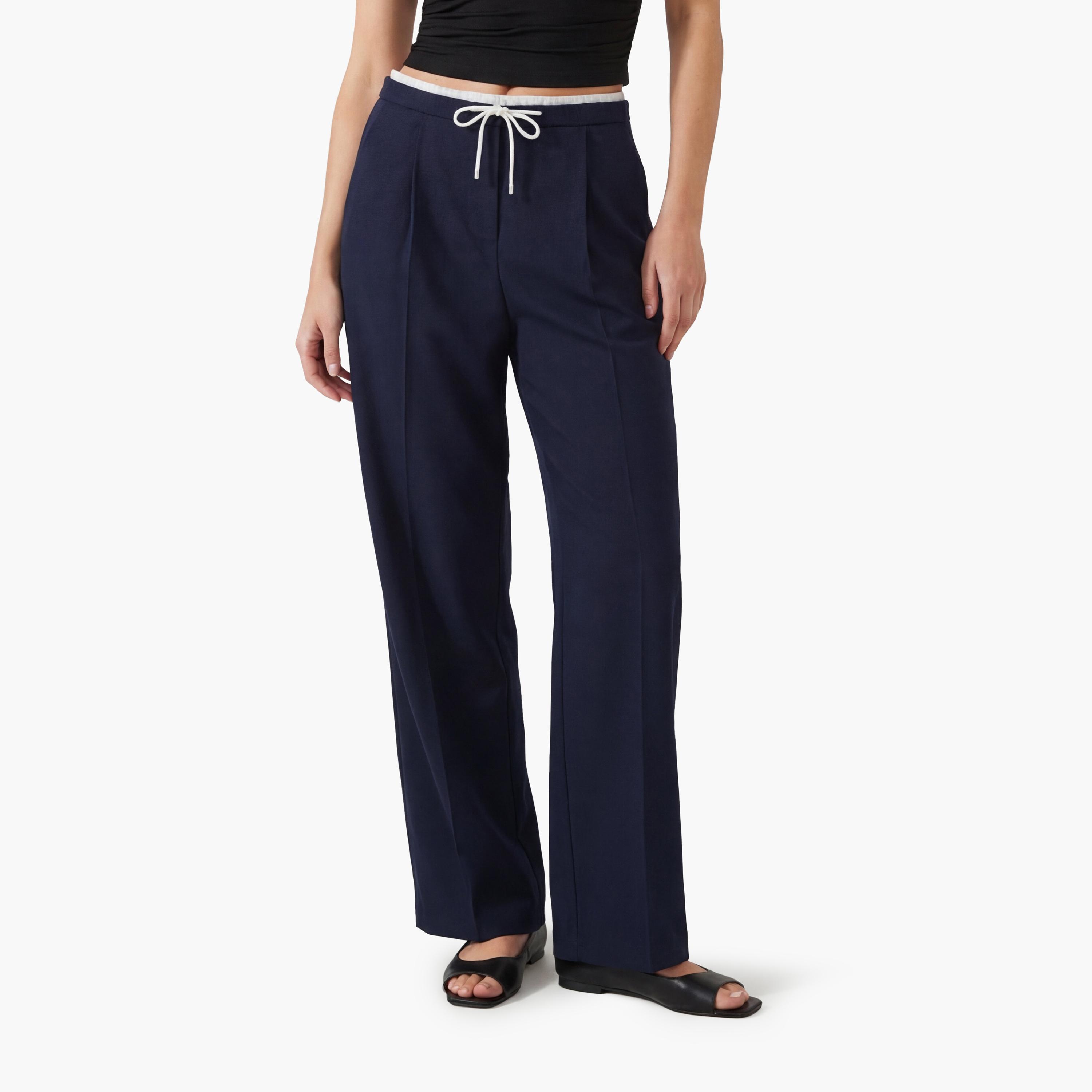 KOTON Navy Plain Drawstring Waist Wide Leg Women's Trousers-women-clothing-bottoms-trousers-image-1