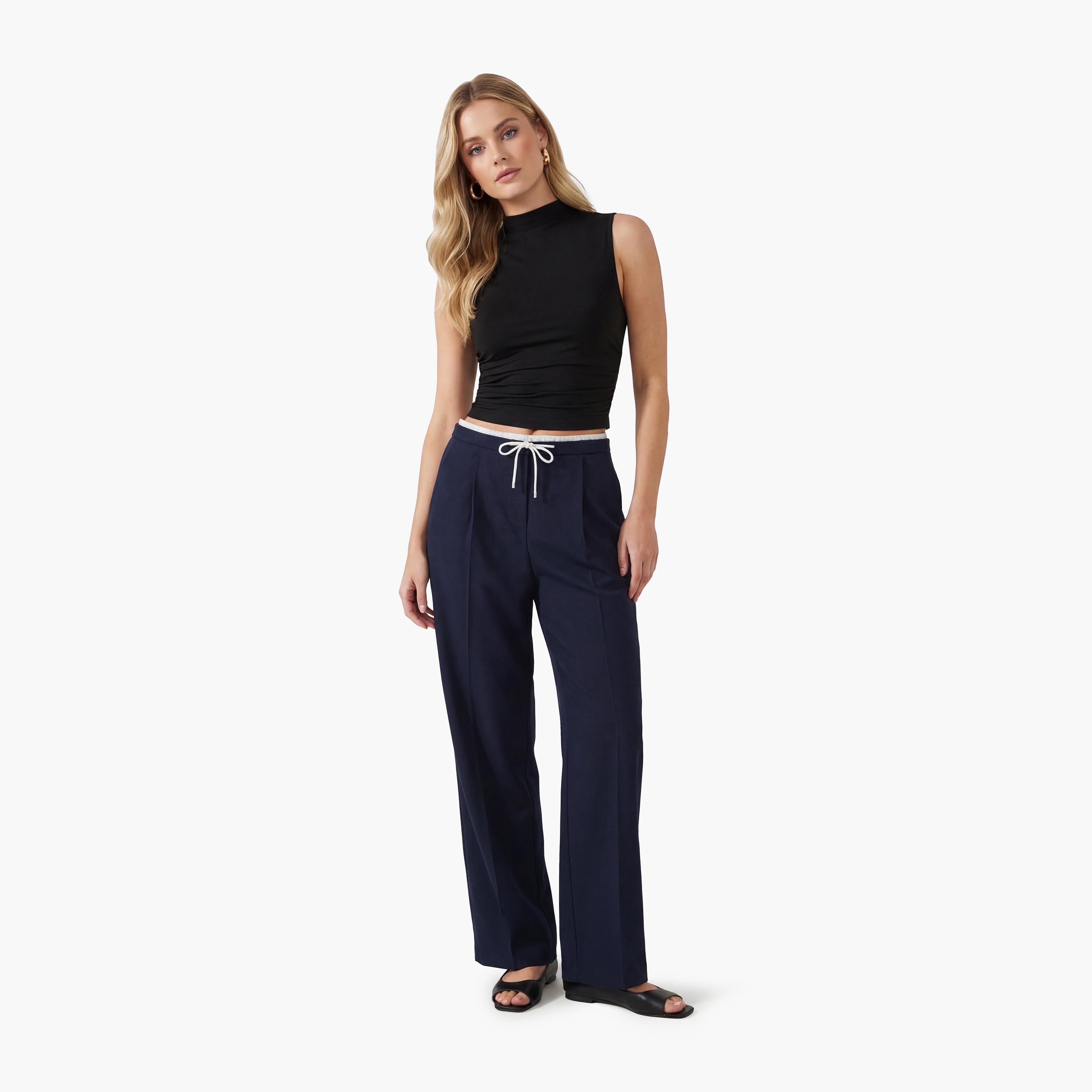 KOTON Navy Plain Drawstring Waist Wide Leg Women's Trousers-women-clothing-bottoms-trousers-image-2