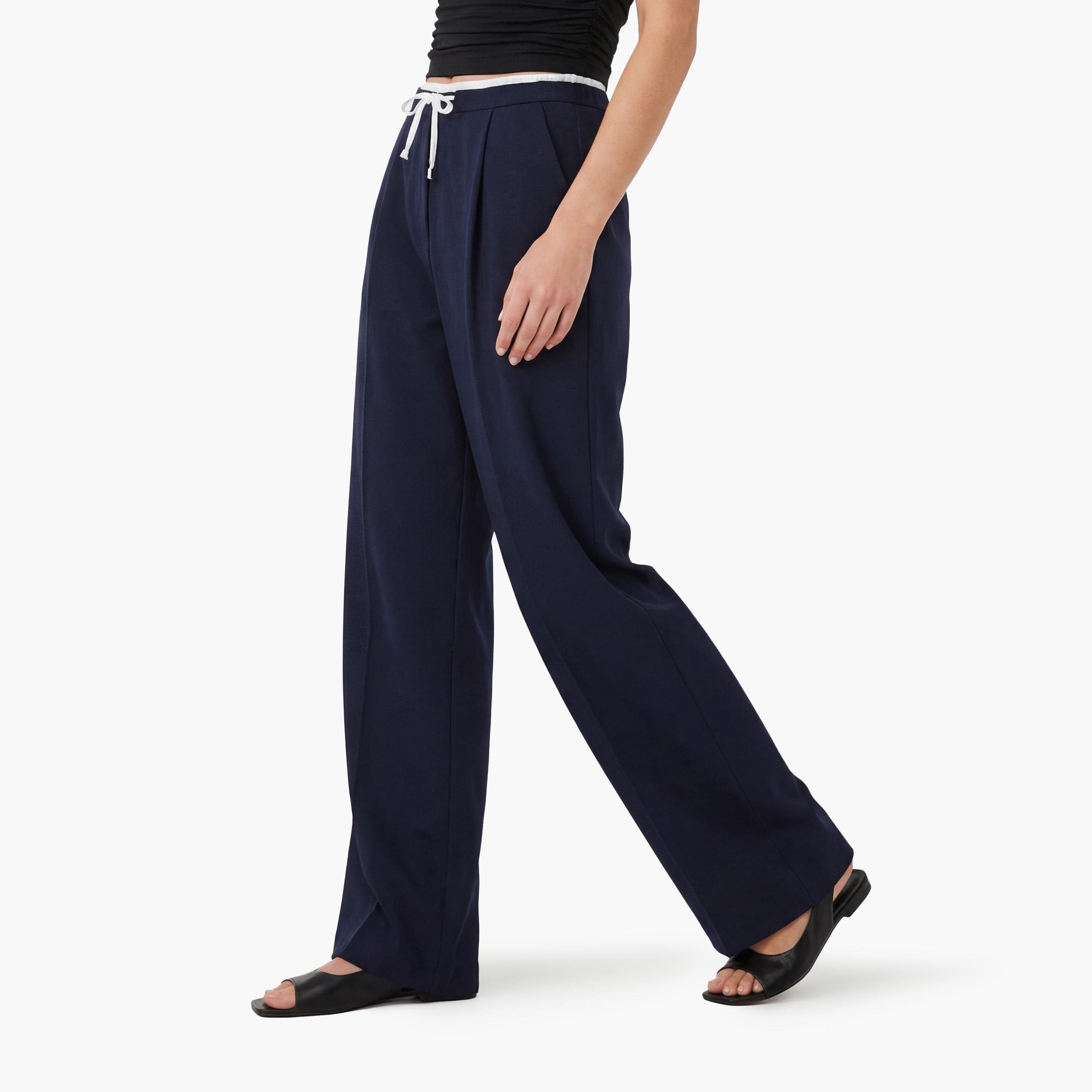 KOTON Navy Plain Drawstring Waist Wide Leg Women's Trousers-women-clothing-bottoms-trousers-image-4