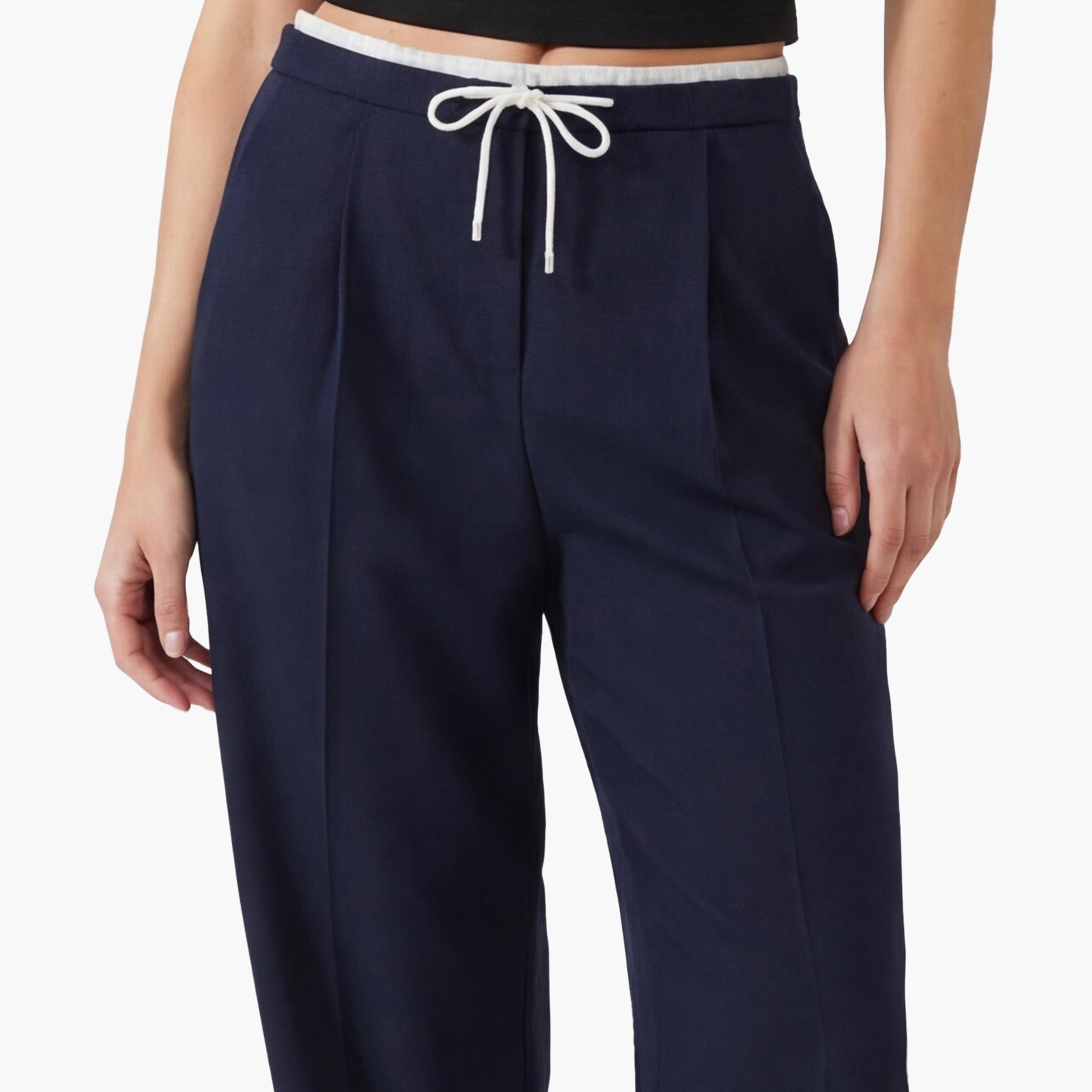 KOTON Navy Plain Drawstring Waist Wide Leg Women's Trousers-women-clothing-bottoms-trousers-image-5
