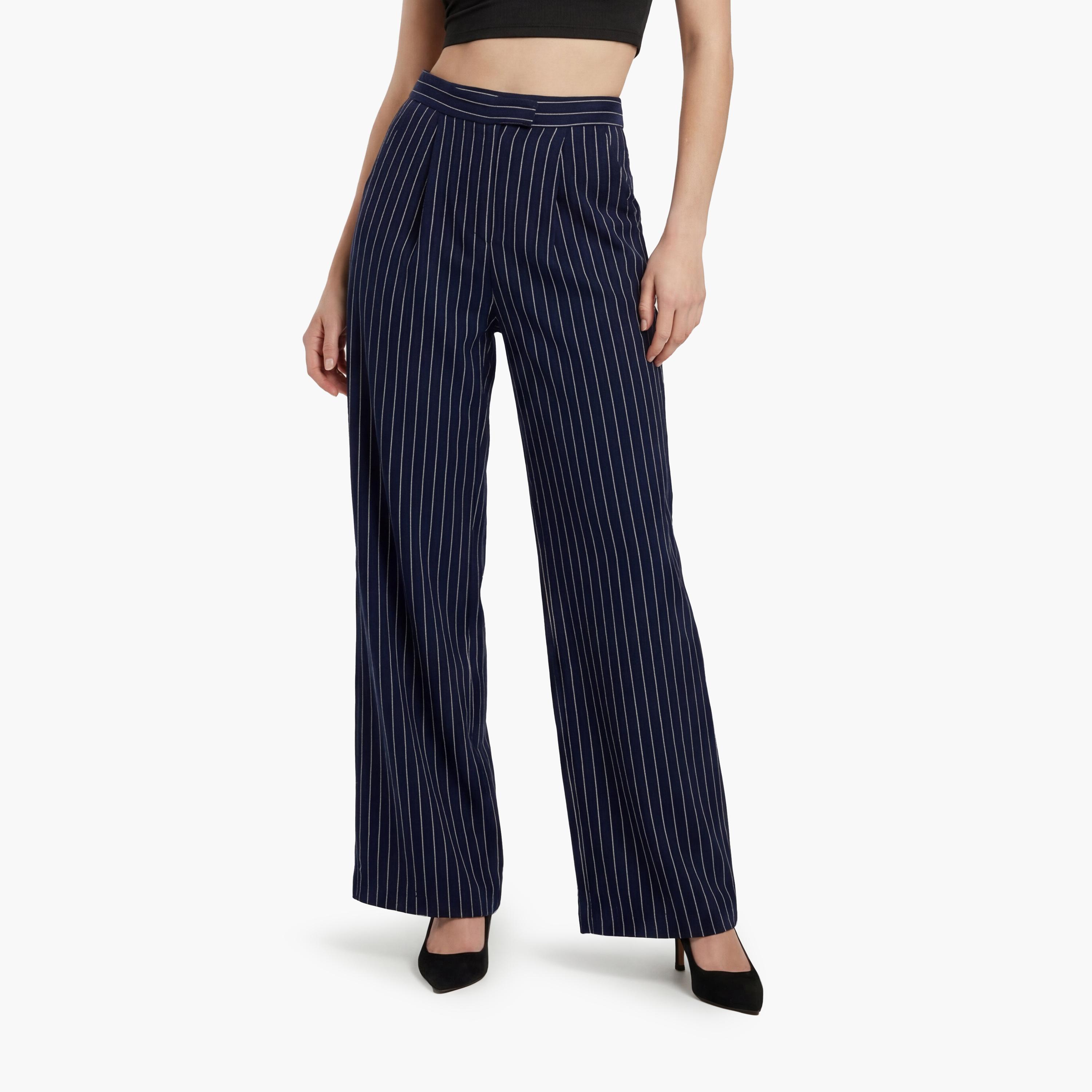 KOTON Navy Striped Hook and Bar Wide Leg Women's Trousers-women-clothing-bottoms-trousers-image-1