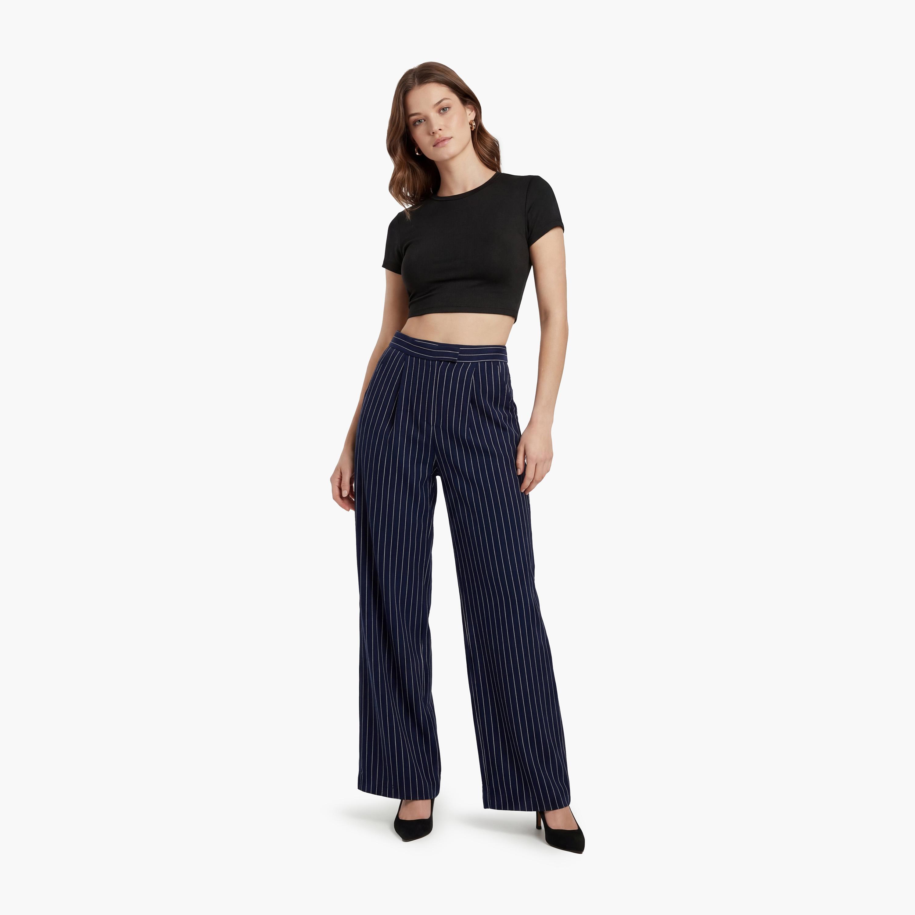 KOTON Navy Striped Hook and Bar Wide Leg Women's Trousers-women-clothing-bottoms-trousers-image-2