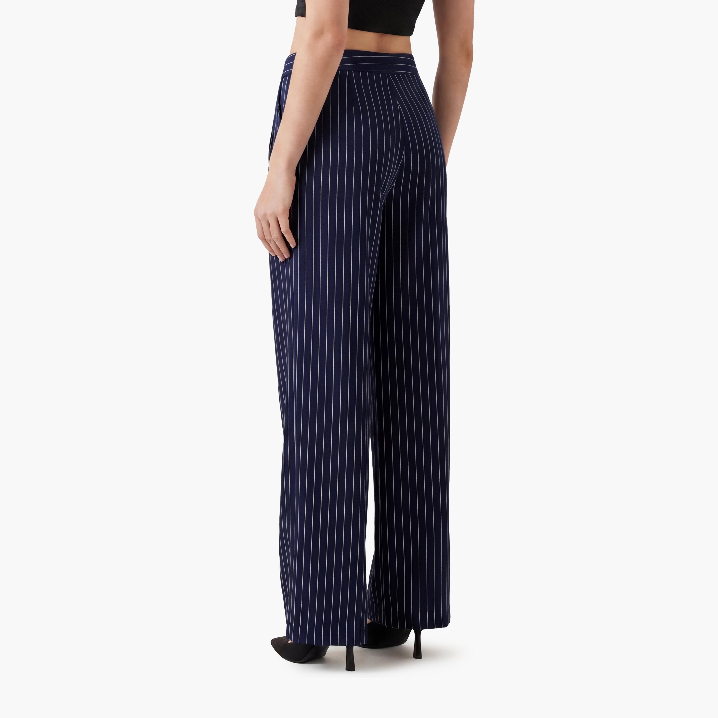 KOTON Navy Striped Hook and Bar Wide Leg Women's Trousers-women-clothing-bottoms-trousers-image-3