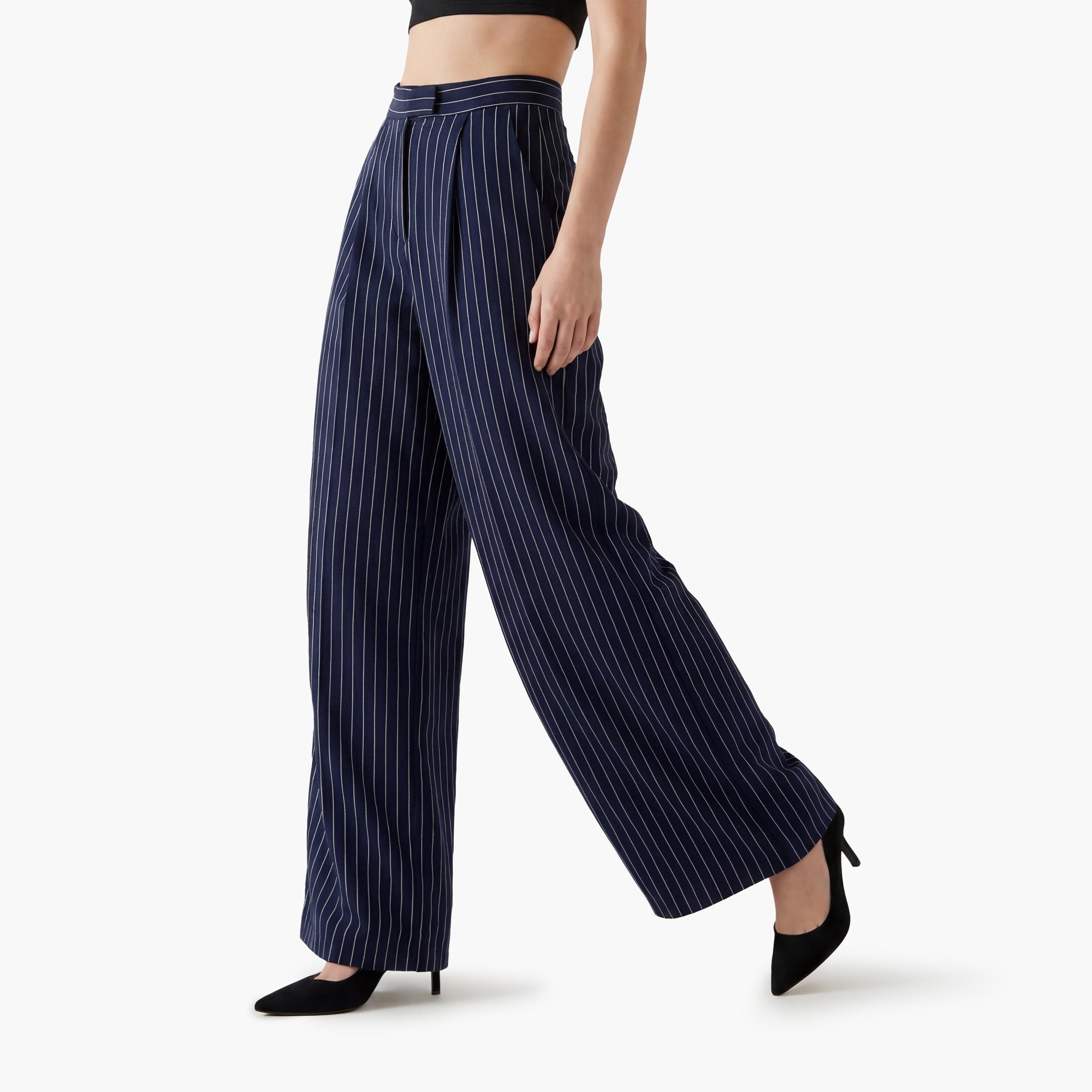 KOTON Navy Striped Hook and Bar Wide Leg Women's Trousers-women-clothing-bottoms-trousers-image-4