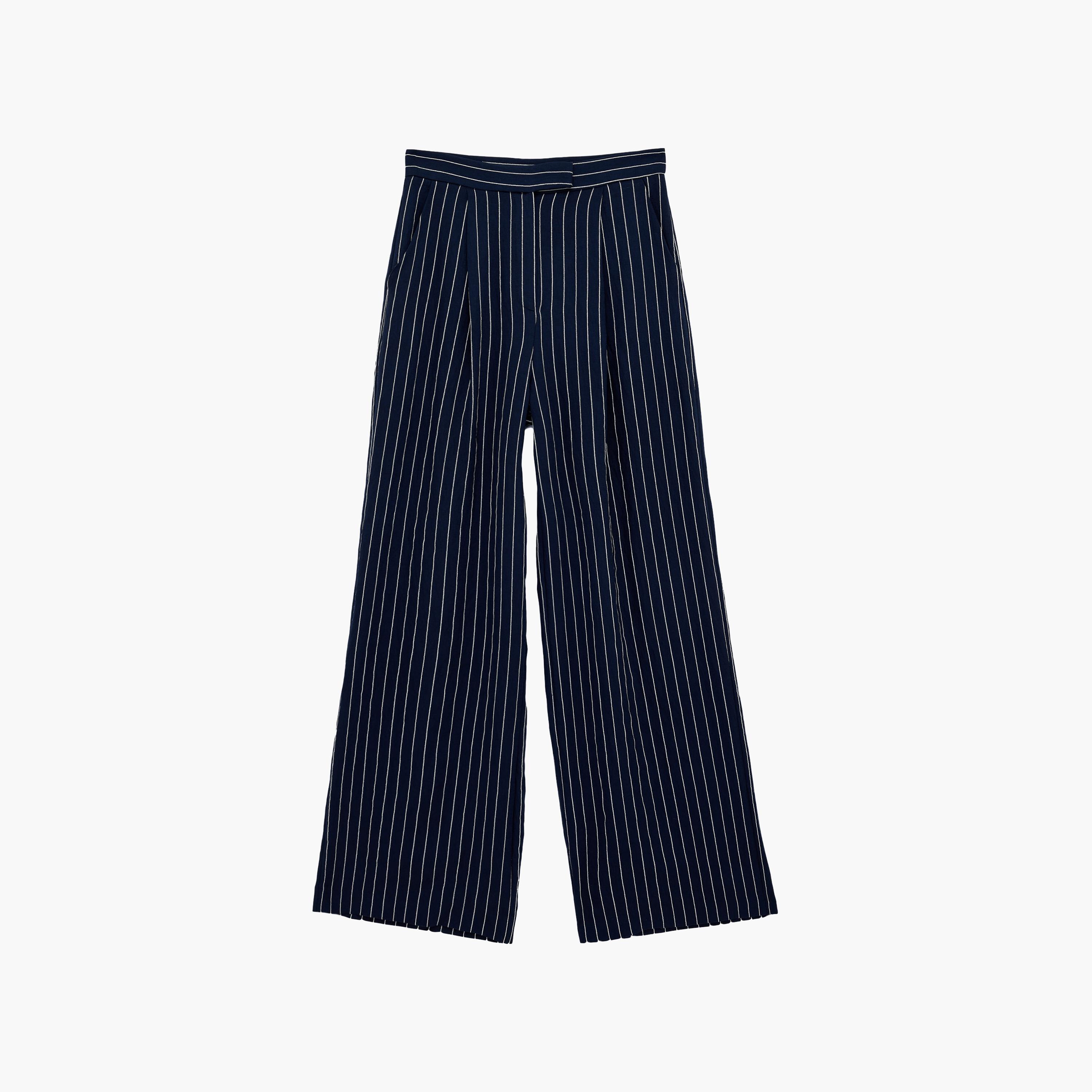 KOTON Navy Striped Hook and Bar Wide Leg Women's Trousers-women-clothing-bottoms-trousers-image-6