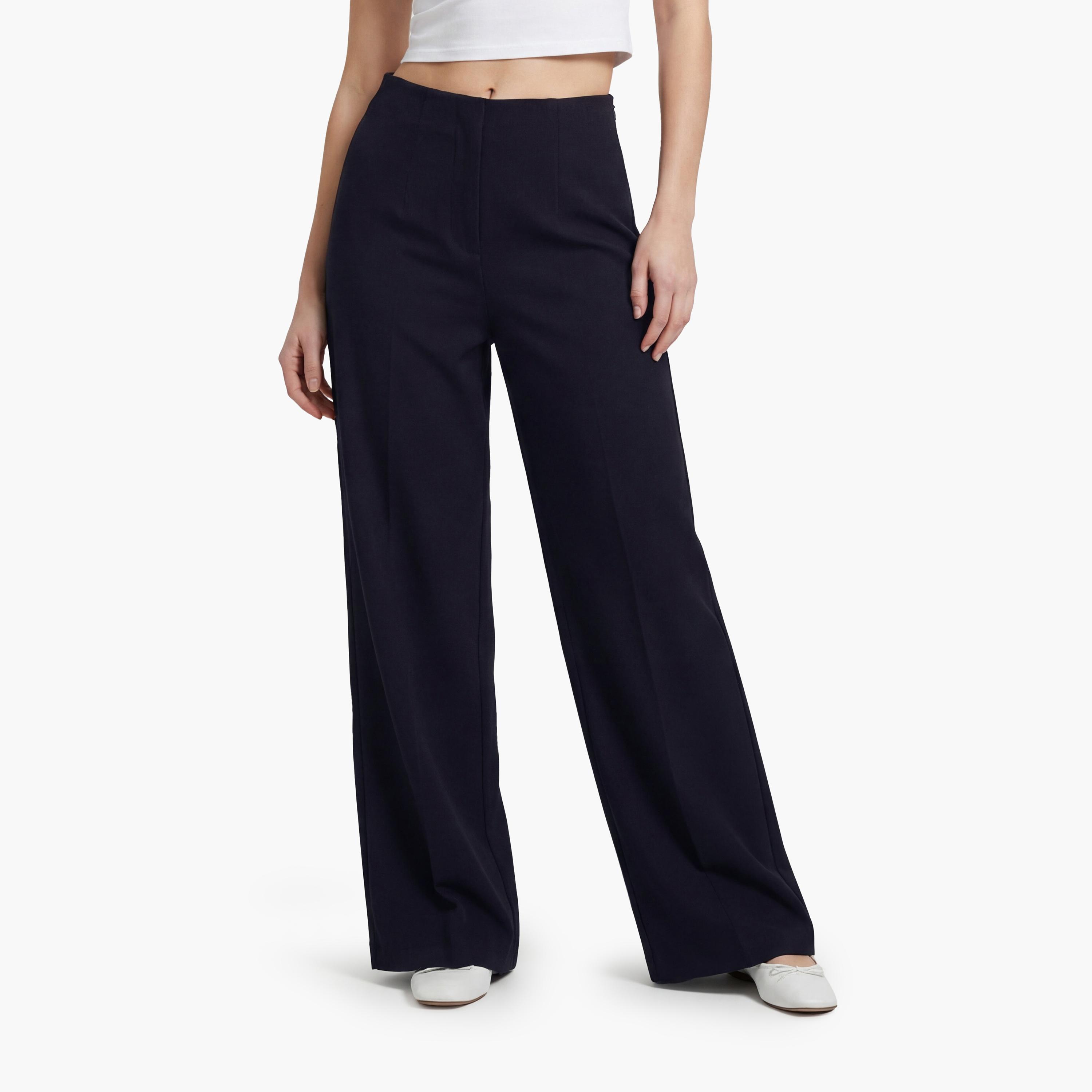 KOTON Navy Plain Concealed Zip Wide Leg Women's Trousers-women-clothing-bottoms-trousers-image-1