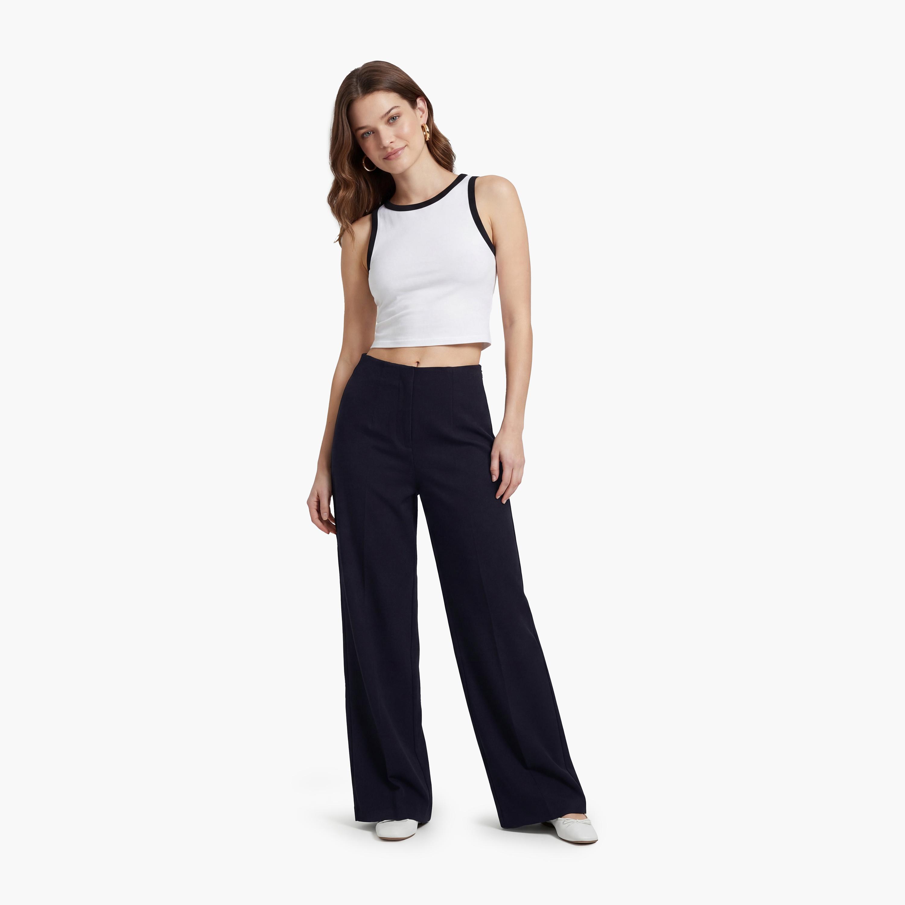 KOTON Navy Plain Concealed Zip Wide Leg Women's Trousers-women-clothing-bottoms-trousers-image-2