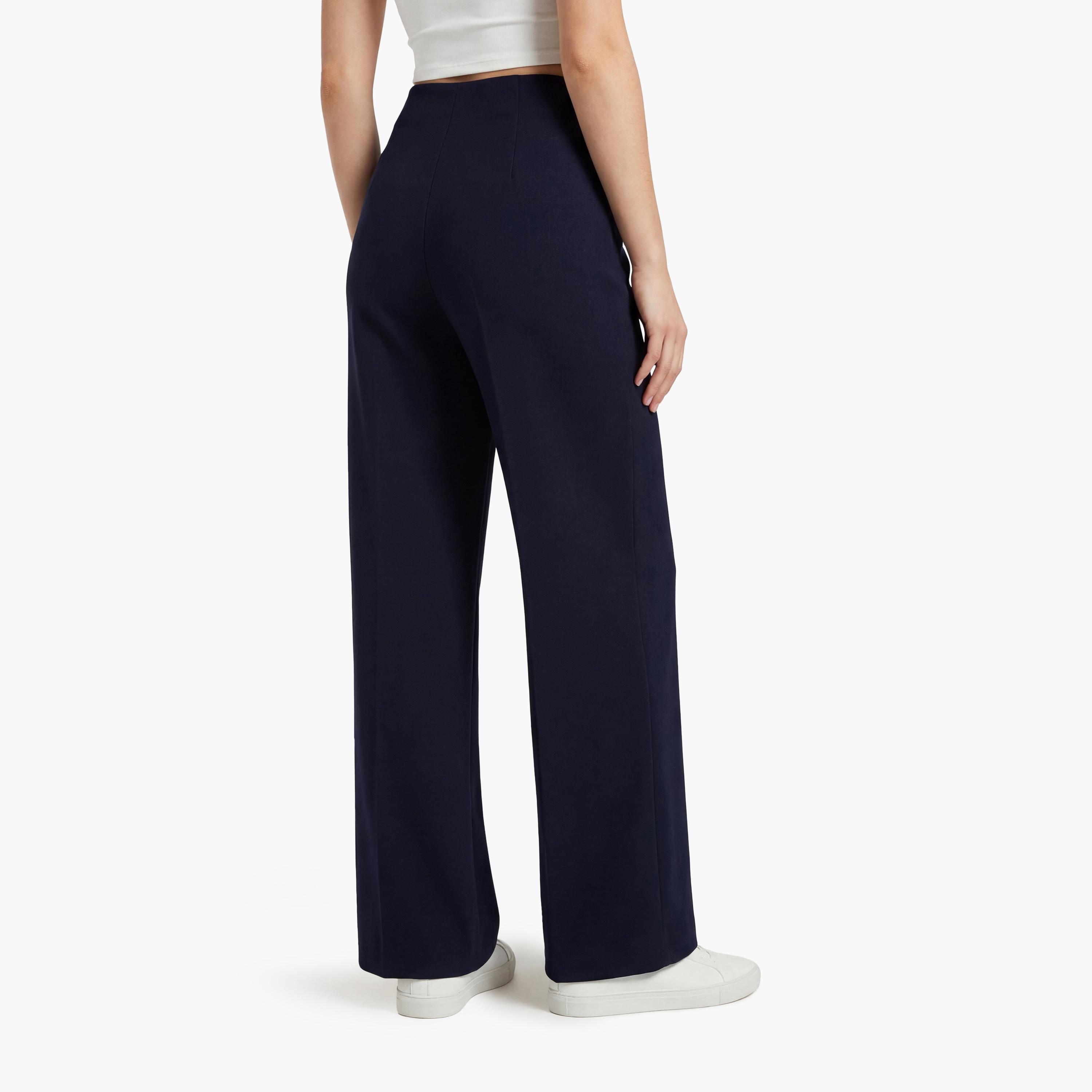KOTON Navy Plain Concealed Zip Wide Leg Women's Trousers-women-clothing-bottoms-trousers-image-3