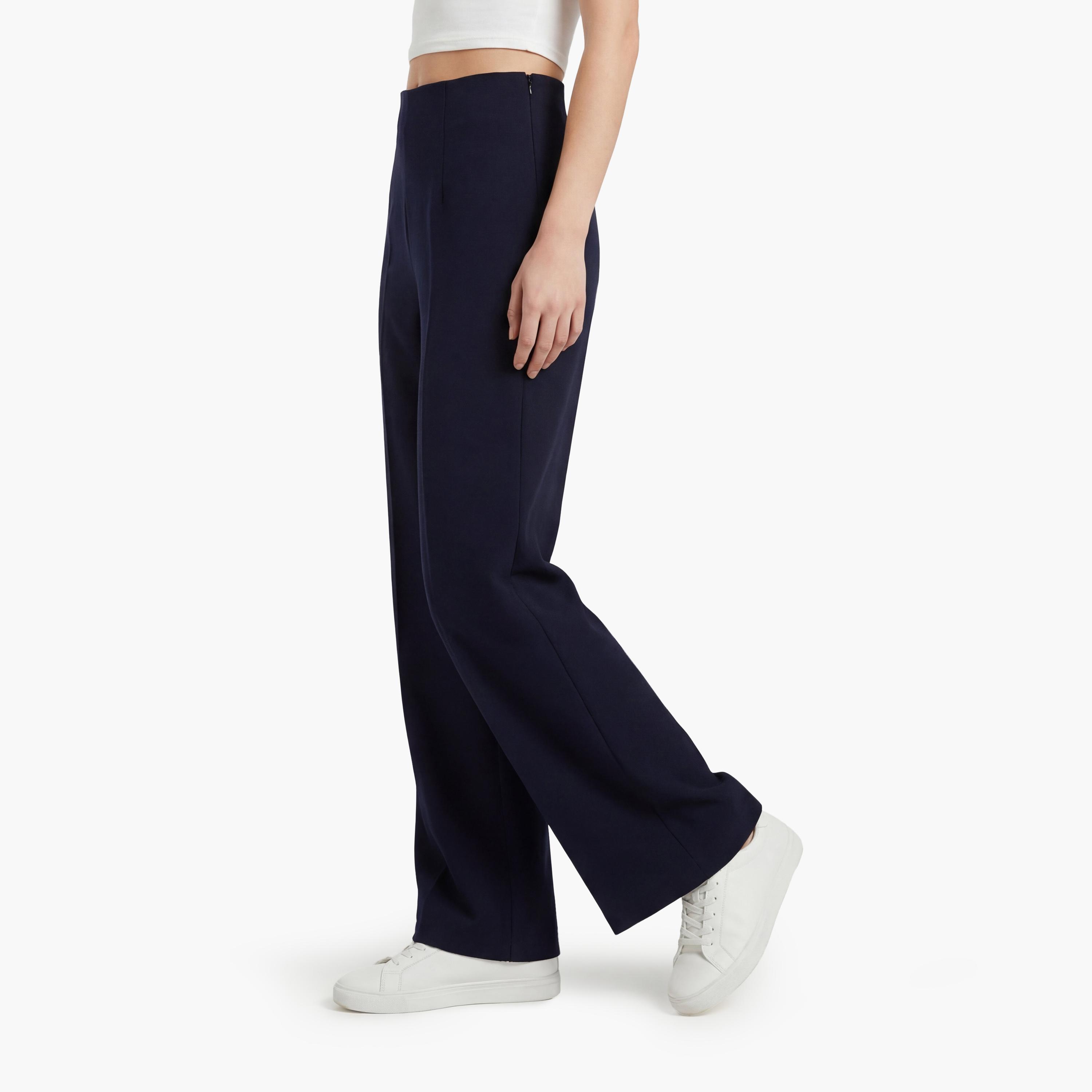 KOTON Navy Plain Concealed Zip Wide Leg Women's Trousers-women-clothing-bottoms-trousers-image-4