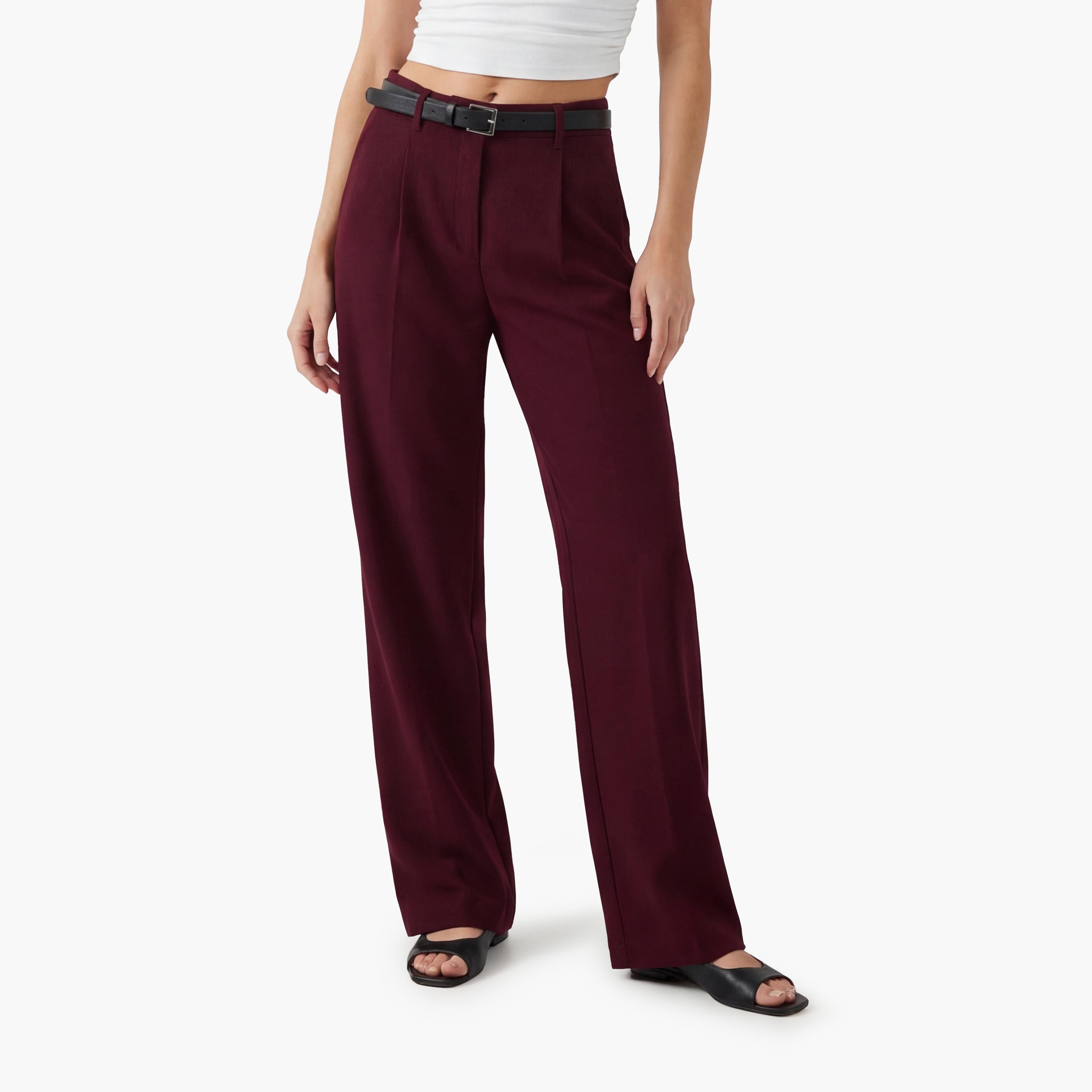 KOTON Wine Plain Crepe Hook and Bar Wide Leg Women's Trousers-women-clothing-bottoms-trousers-image-1