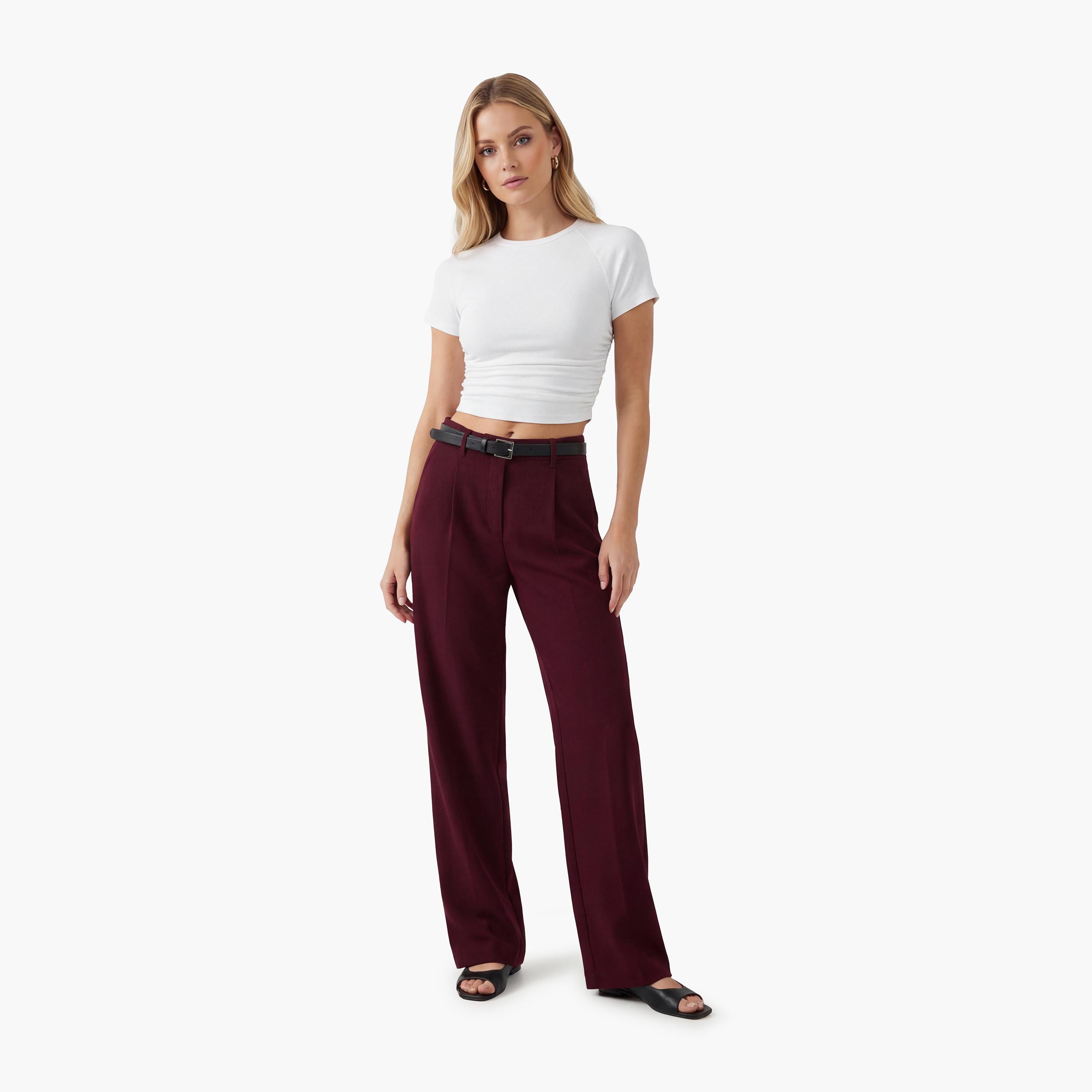 KOTON Wine Plain Crepe Hook and Bar Wide Leg Women's Trousers-women-clothing-bottoms-trousers-image-2
