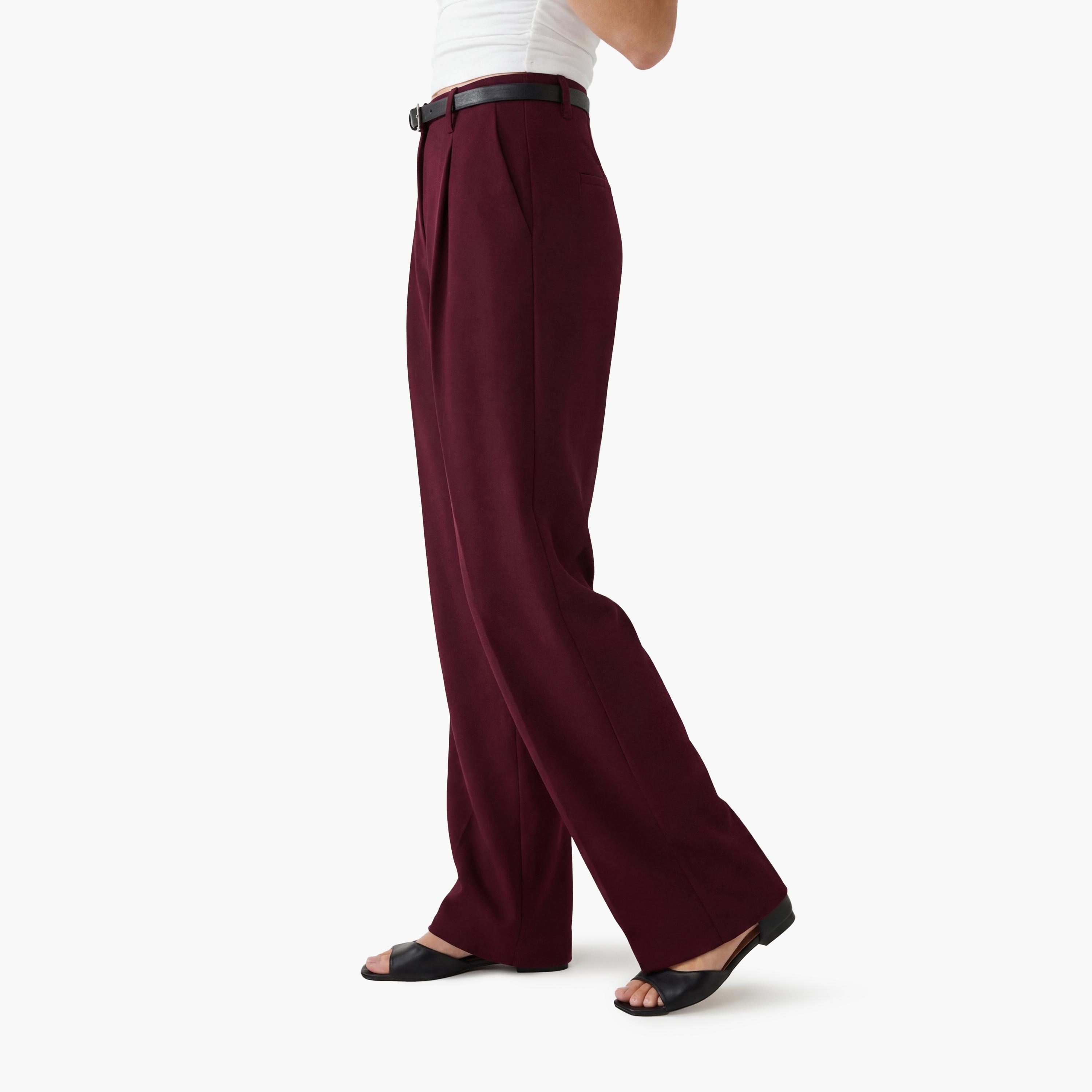 KOTON Wine Plain Crepe Hook and Bar Wide Leg Women's Trousers-women-clothing-bottoms-trousers-image-4