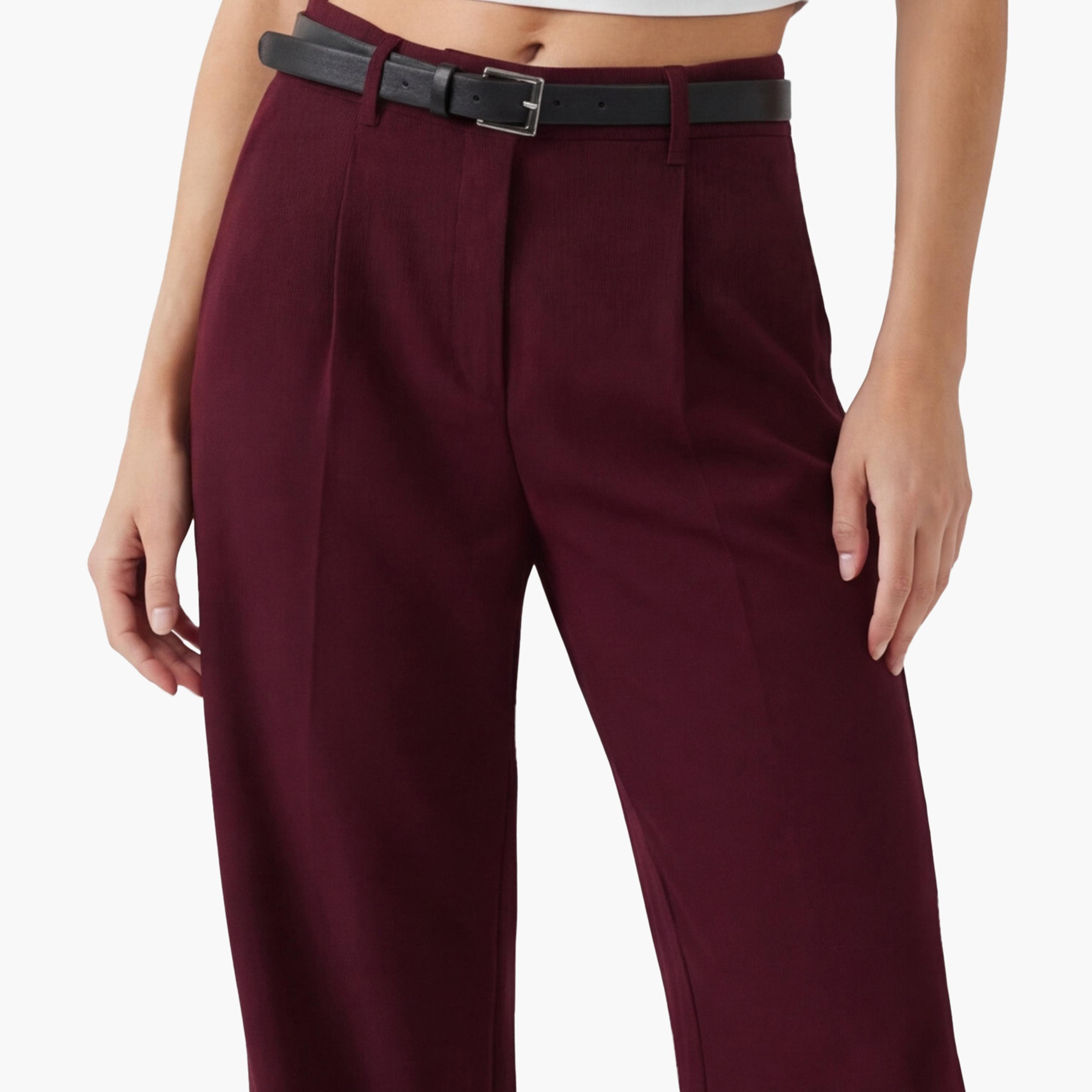 KOTON Wine Plain Crepe Hook and Bar Wide Leg Women's Trousers-women-clothing-bottoms-trousers-image-5