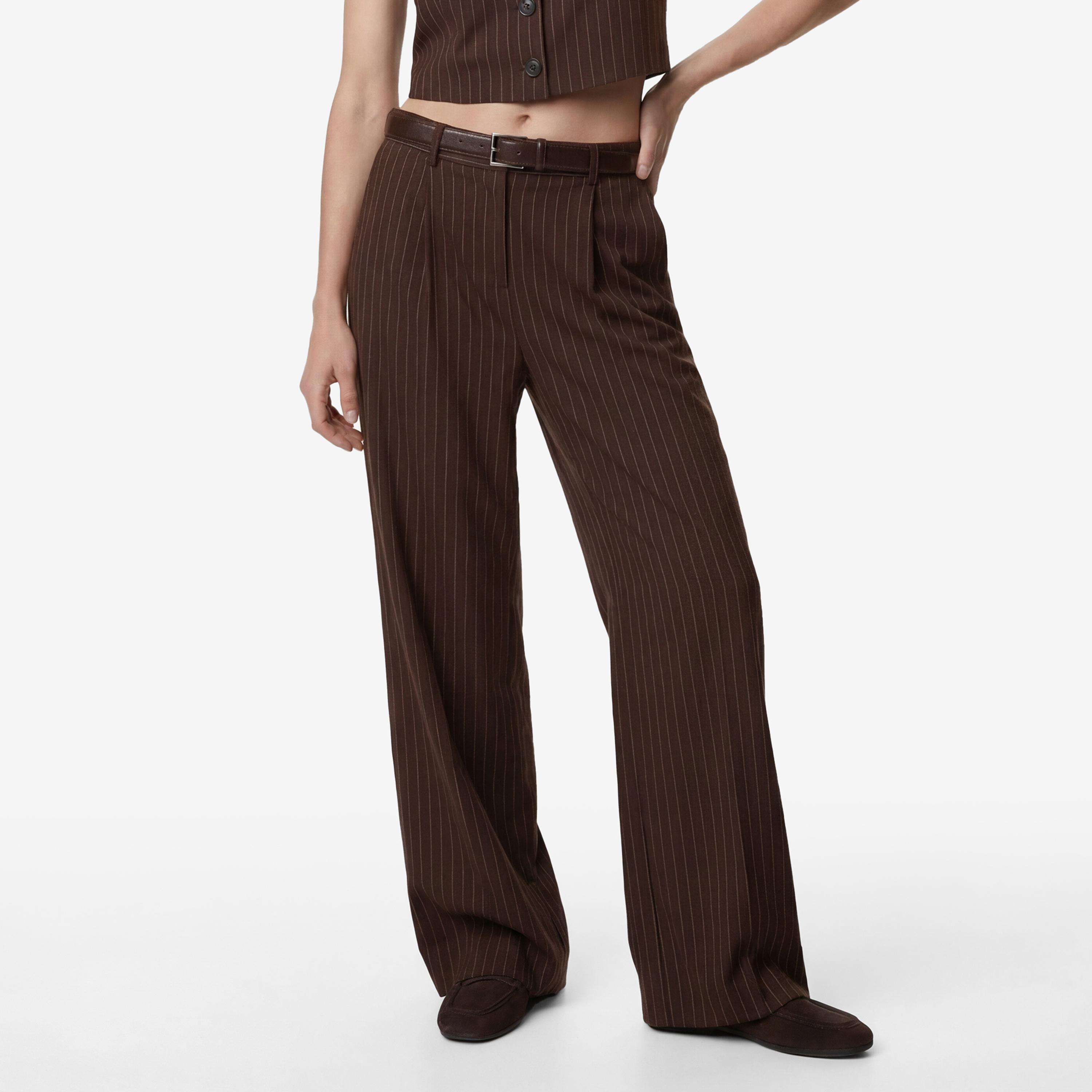 KOTON Brown Striped Hook and Bar Wide Leg Women's Trousers-women-clothing-bottoms-trousers-image-1