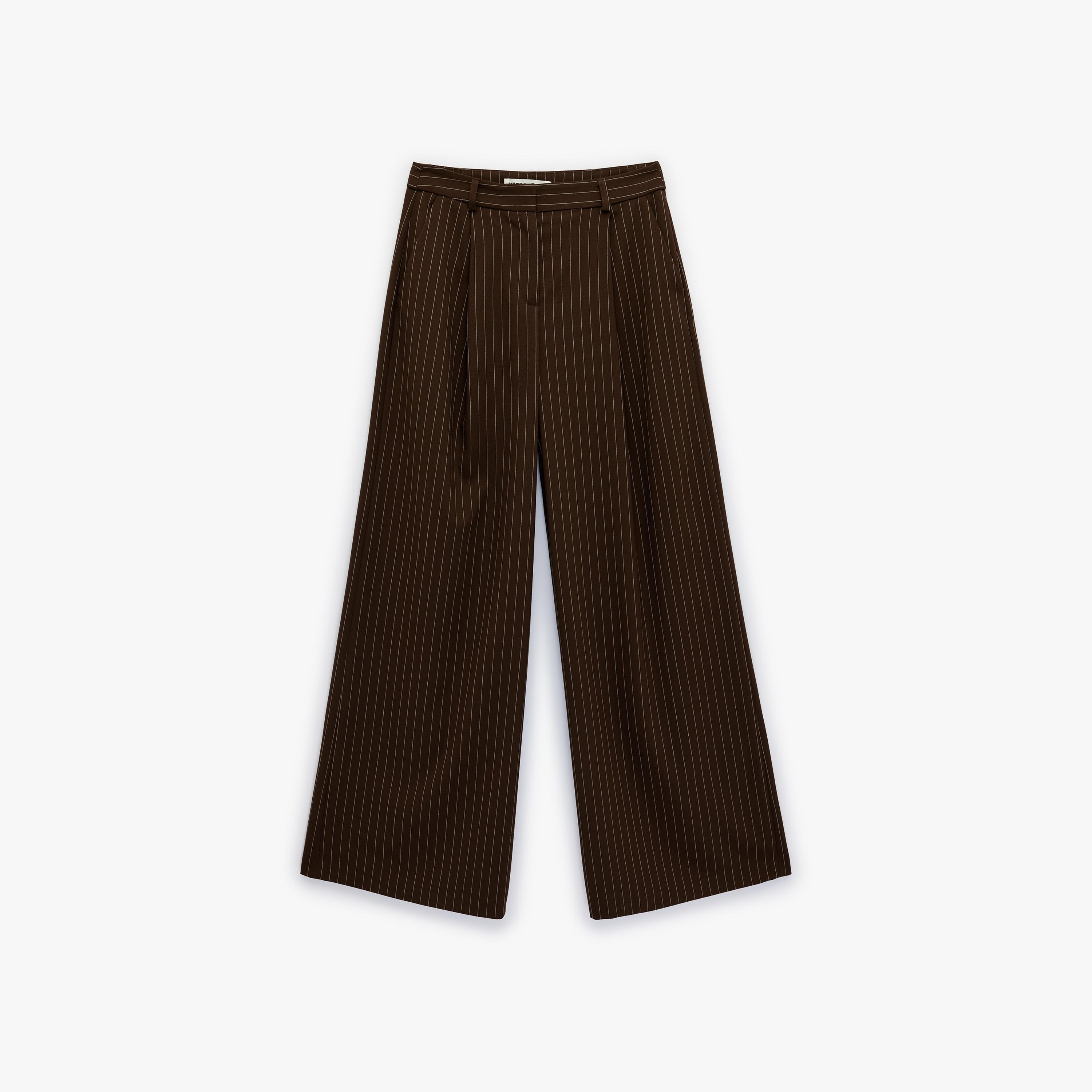 KOTON Brown Striped Hook and Bar Wide Leg Women's Trousers-women-clothing-bottoms-trousers-image-2