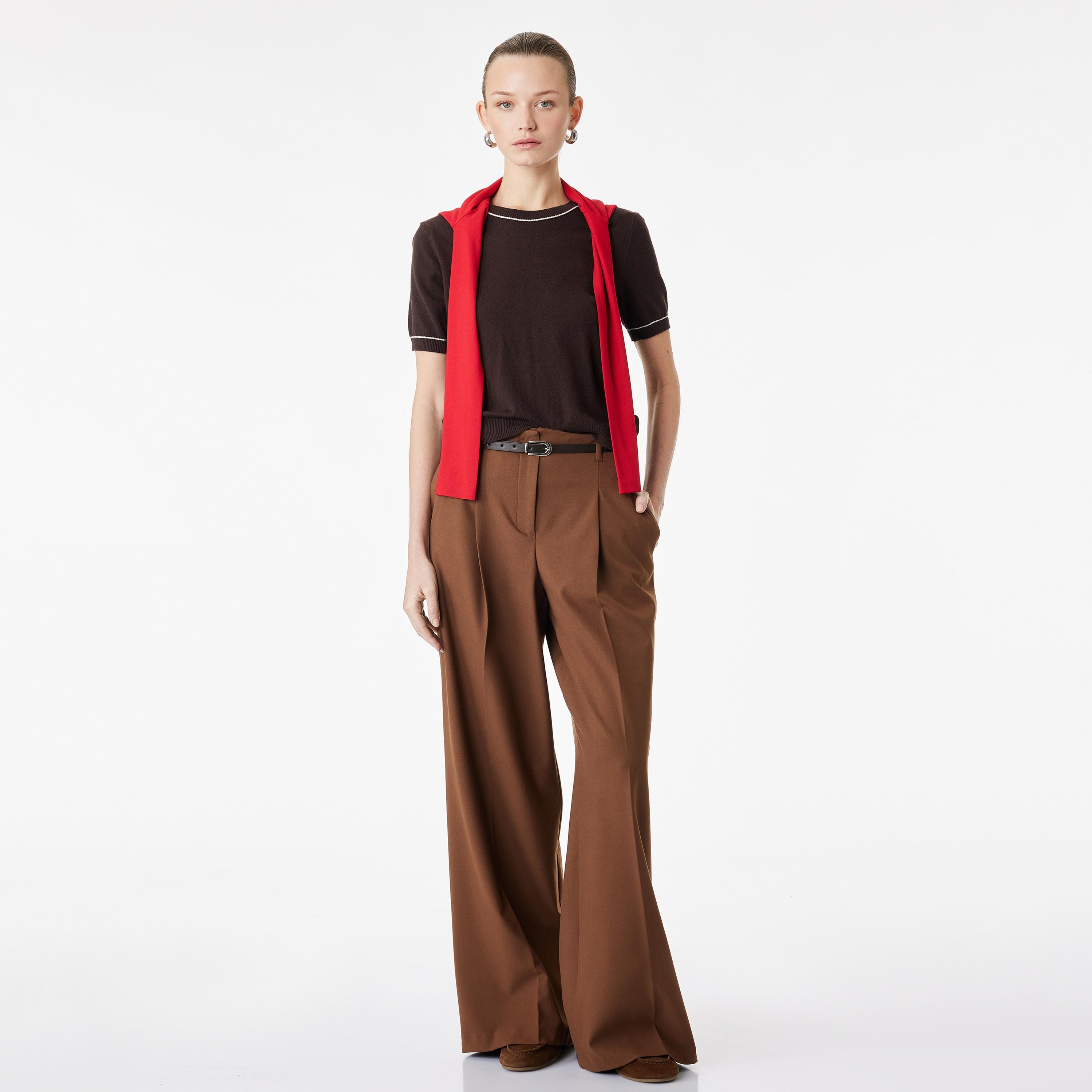 KOTON Brown Plain Hook and Bar Wide Leg Women's Trousers-women-clothing-bottoms-trousers-image-2