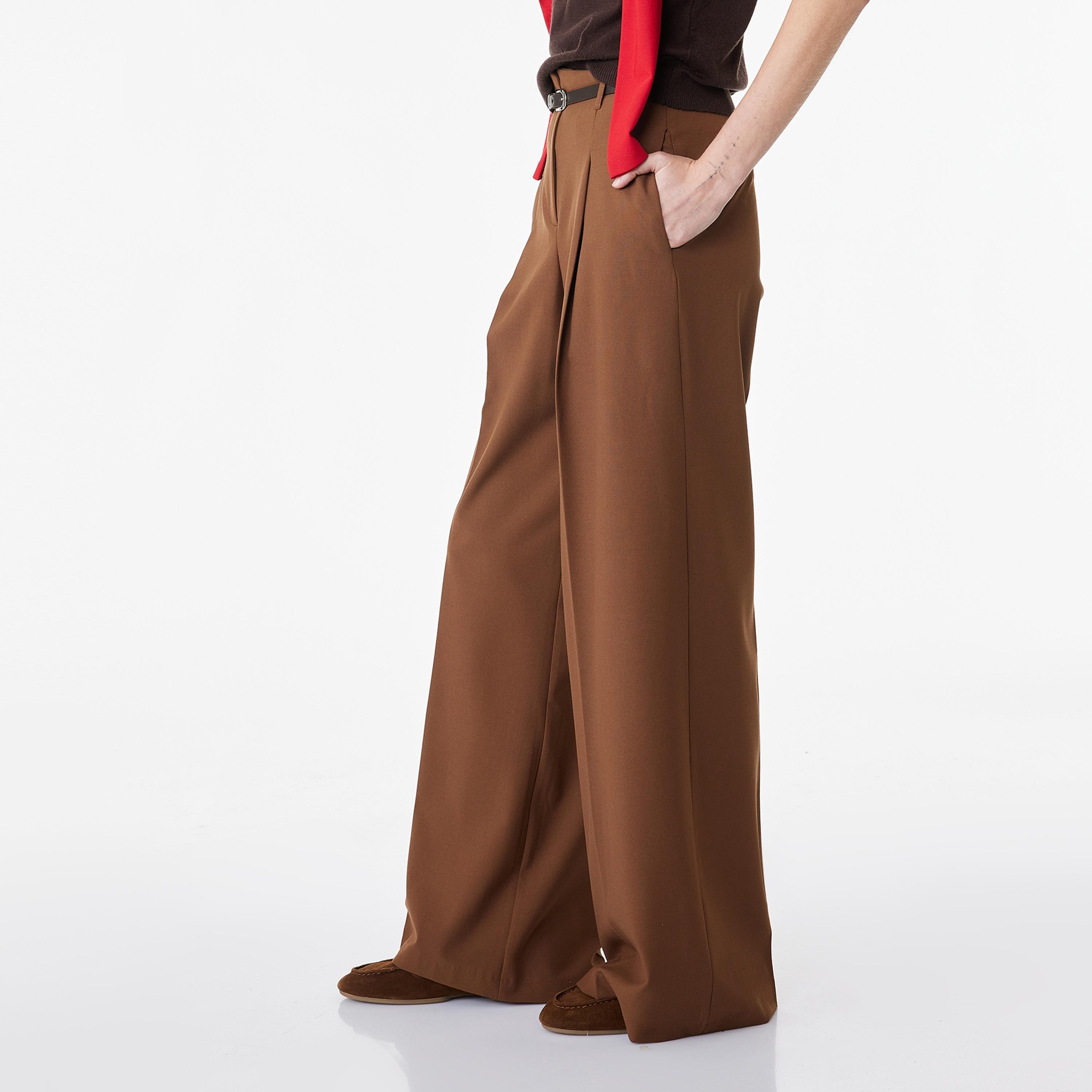 KOTON Brown Plain Hook and Bar Wide Leg Women's Trousers-women-clothing-bottoms-trousers-image-3
