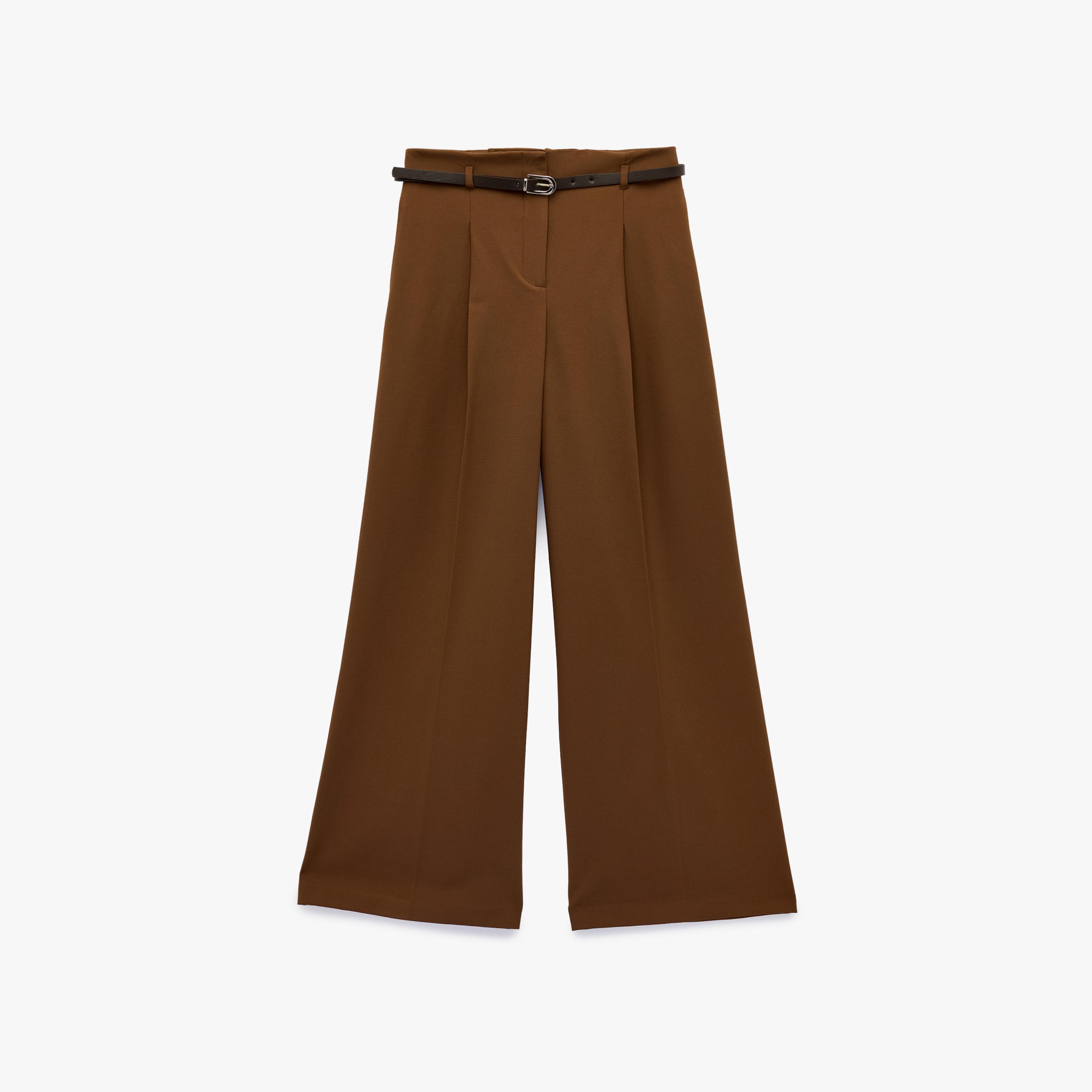 KOTON Brown Plain Hook and Bar Wide Leg Women's Trousers-women-clothing-bottoms-trousers-image-4