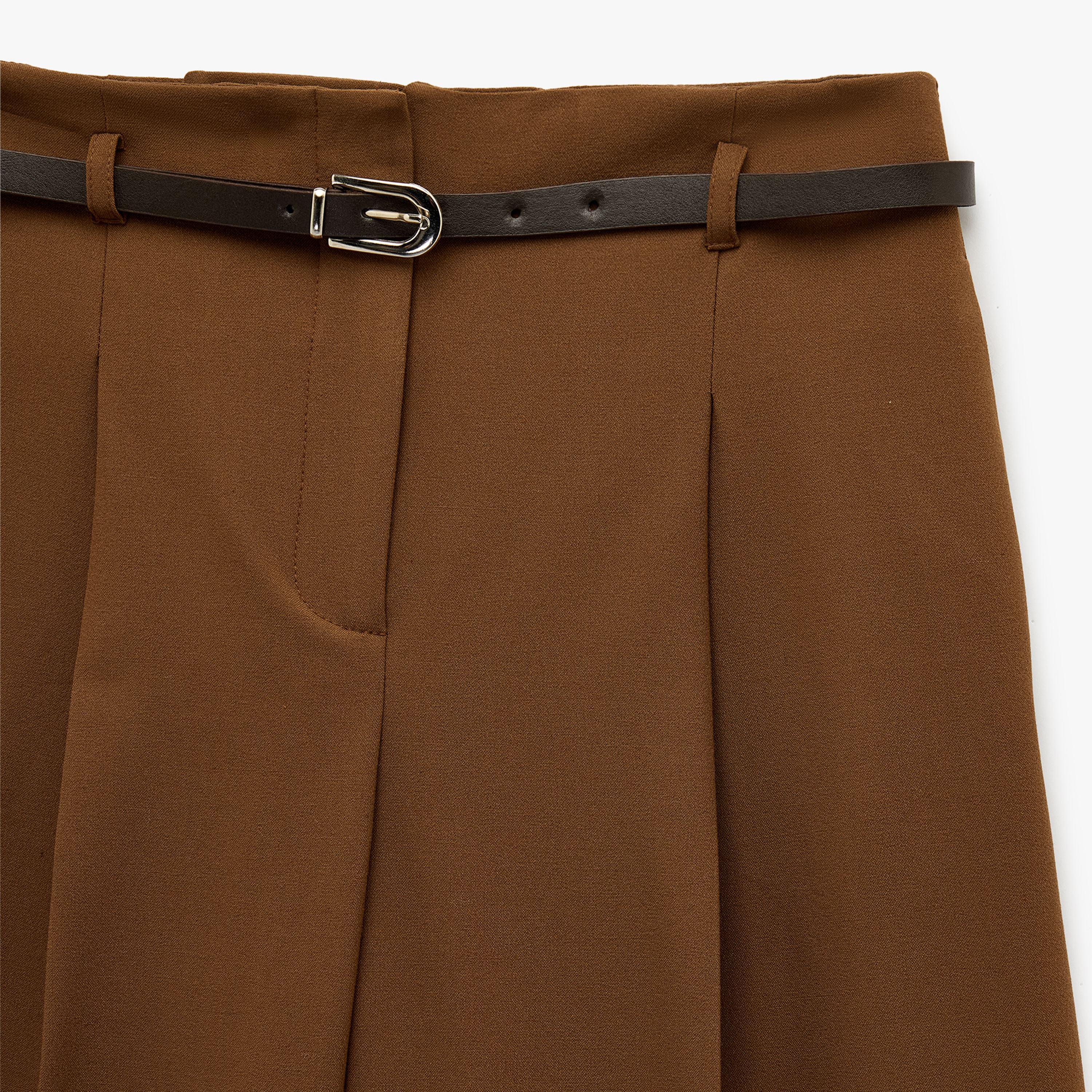 KOTON Brown Plain Hook and Bar Wide Leg Women's Trousers-women-clothing-bottoms-trousers-image-6