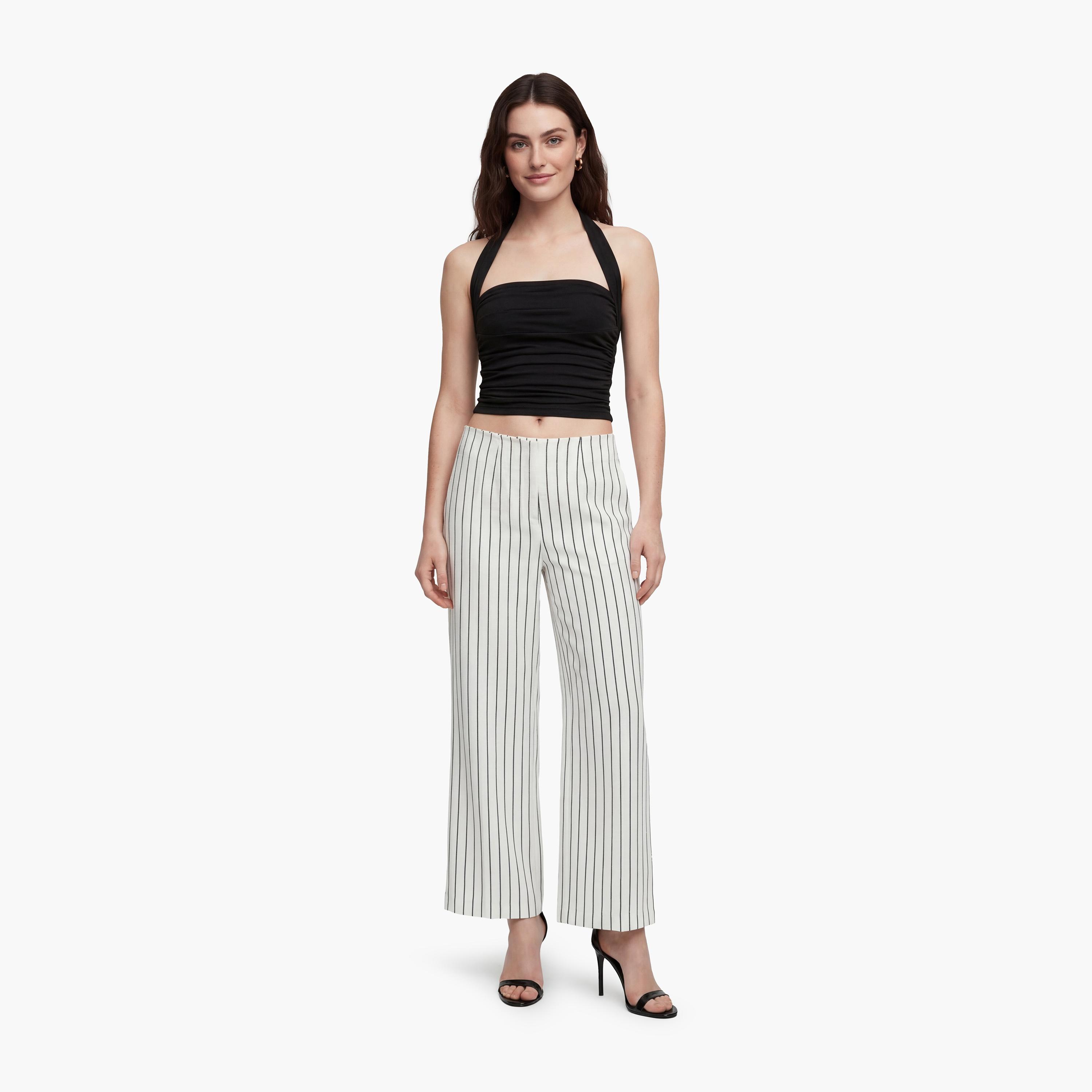 KOTON White Striped Modal Zipper Wide Leg Women's Trousers-women-clothing-bottoms-trousers-image-2