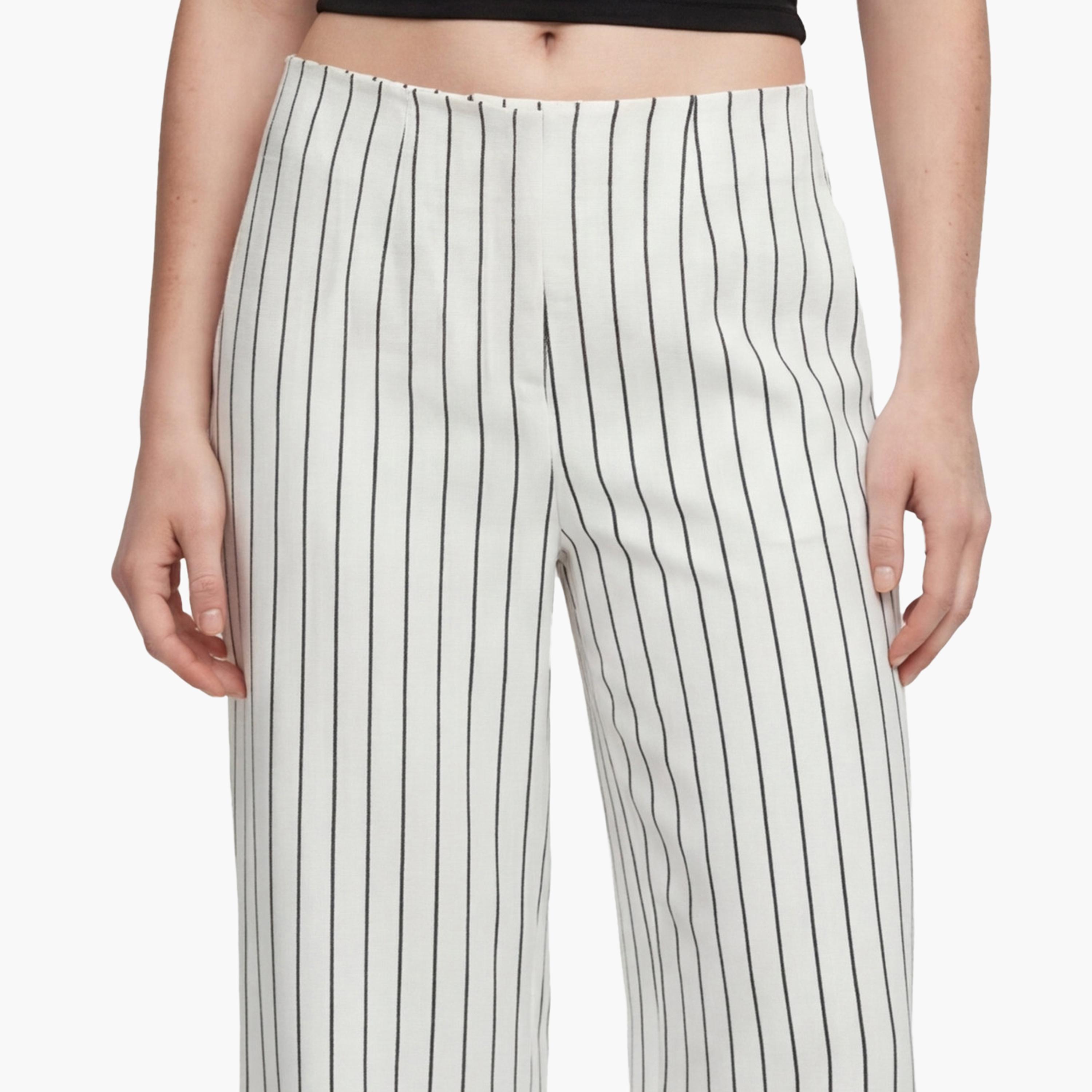 KOTON White Striped Modal Zipper Wide Leg Women's Trousers-women-clothing-bottoms-trousers-image-5