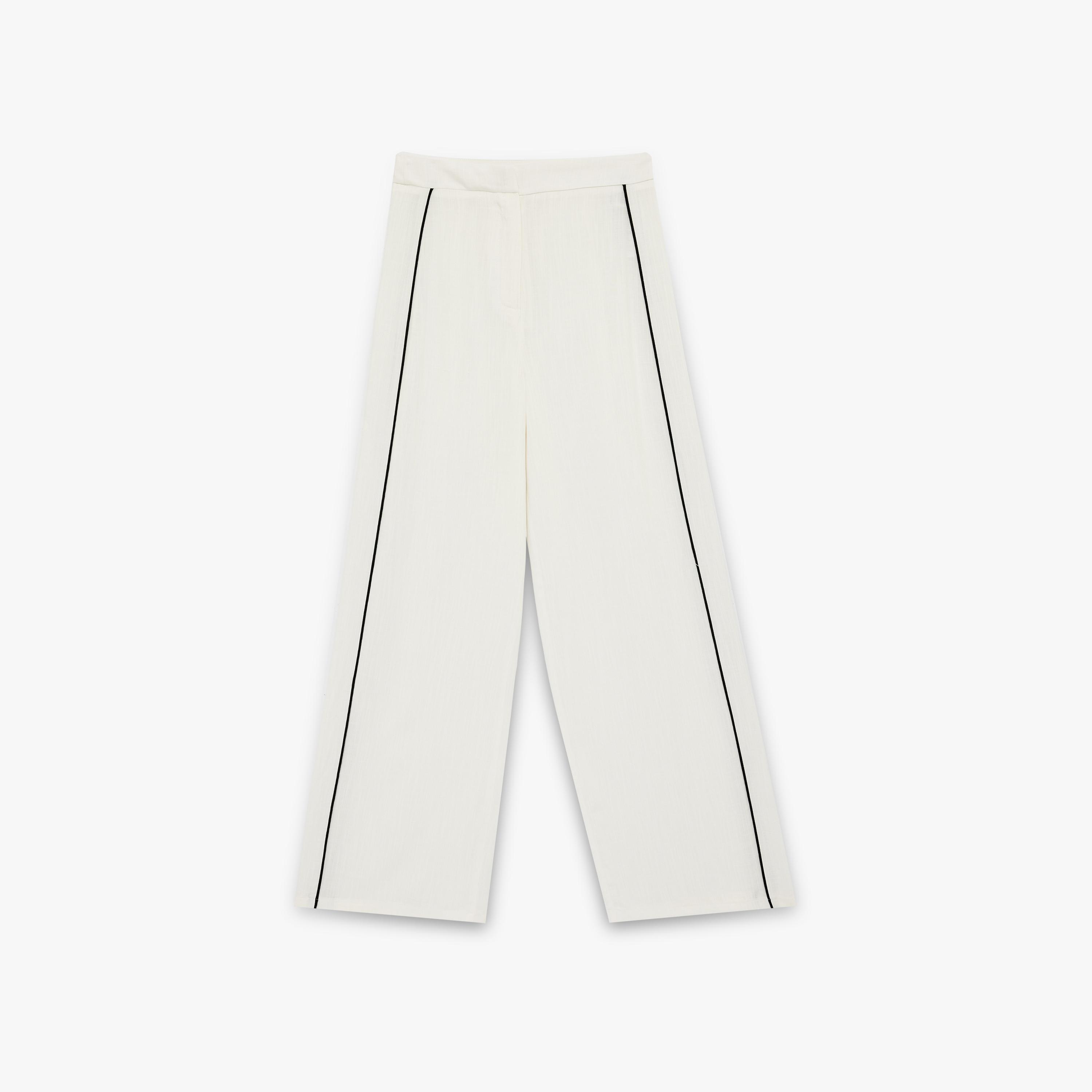 بنطلون نسائي واسع الساق بسحاب وتفاصيل خياطة متباينة بلون أبيض من كوتون-women-clothing-bottoms-trousers-image-4