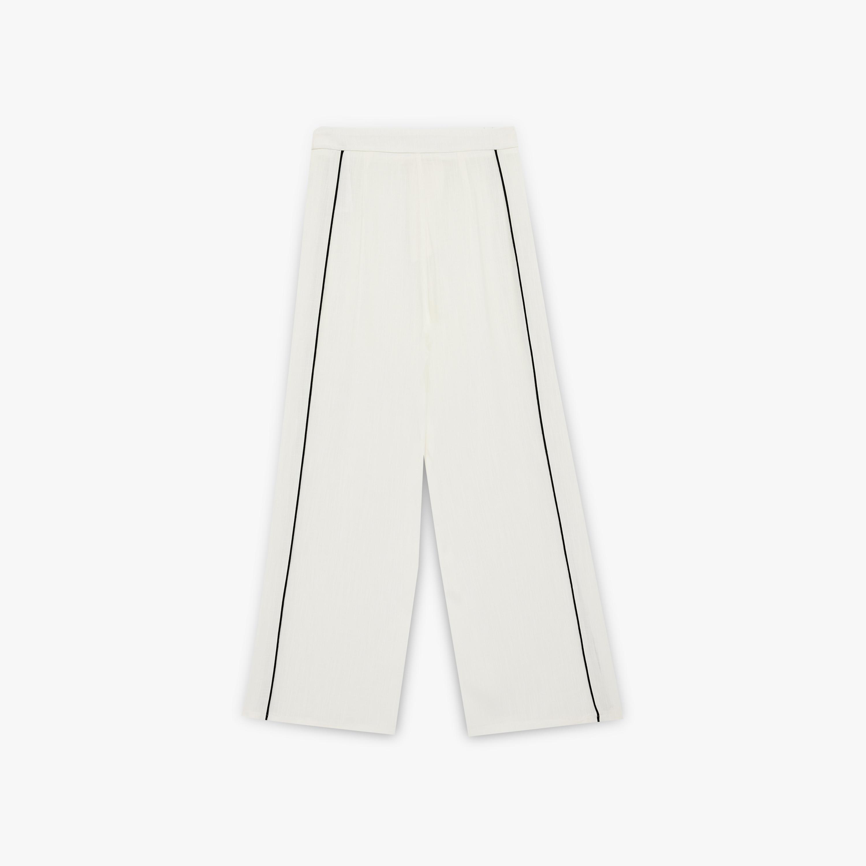 بنطلون نسائي واسع الساق بسحاب وتفاصيل خياطة متباينة بلون أبيض من كوتون-women-clothing-bottoms-trousers-image-5