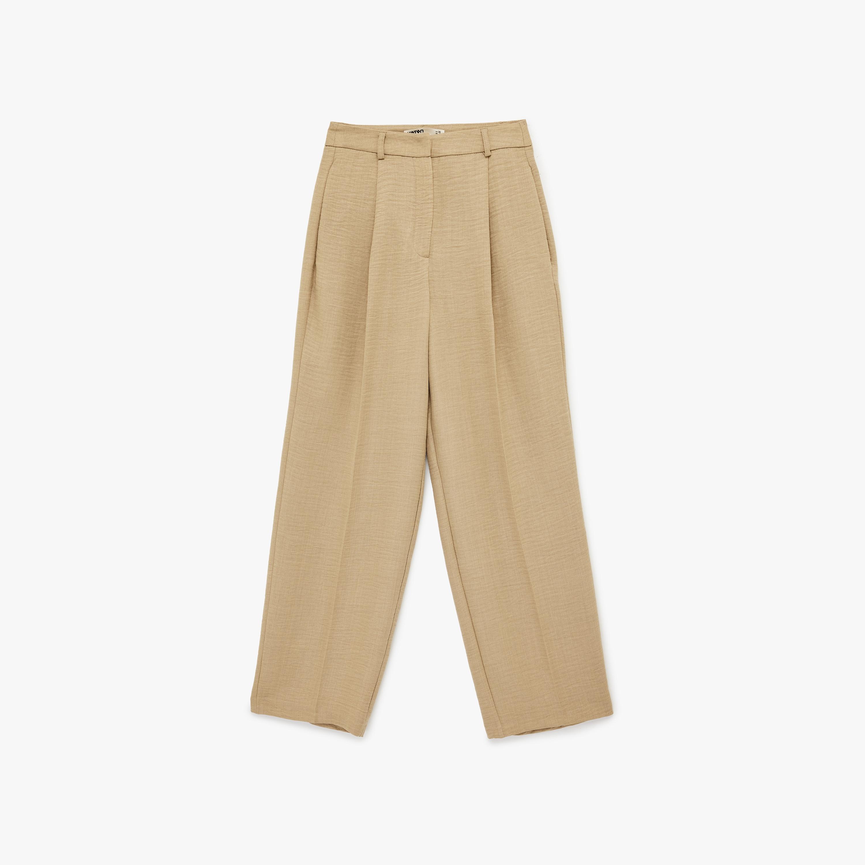 KOTON Beige Textured Hook and Bar Straight Women's Trousers-women-clothing-bottoms-trousers-image-3