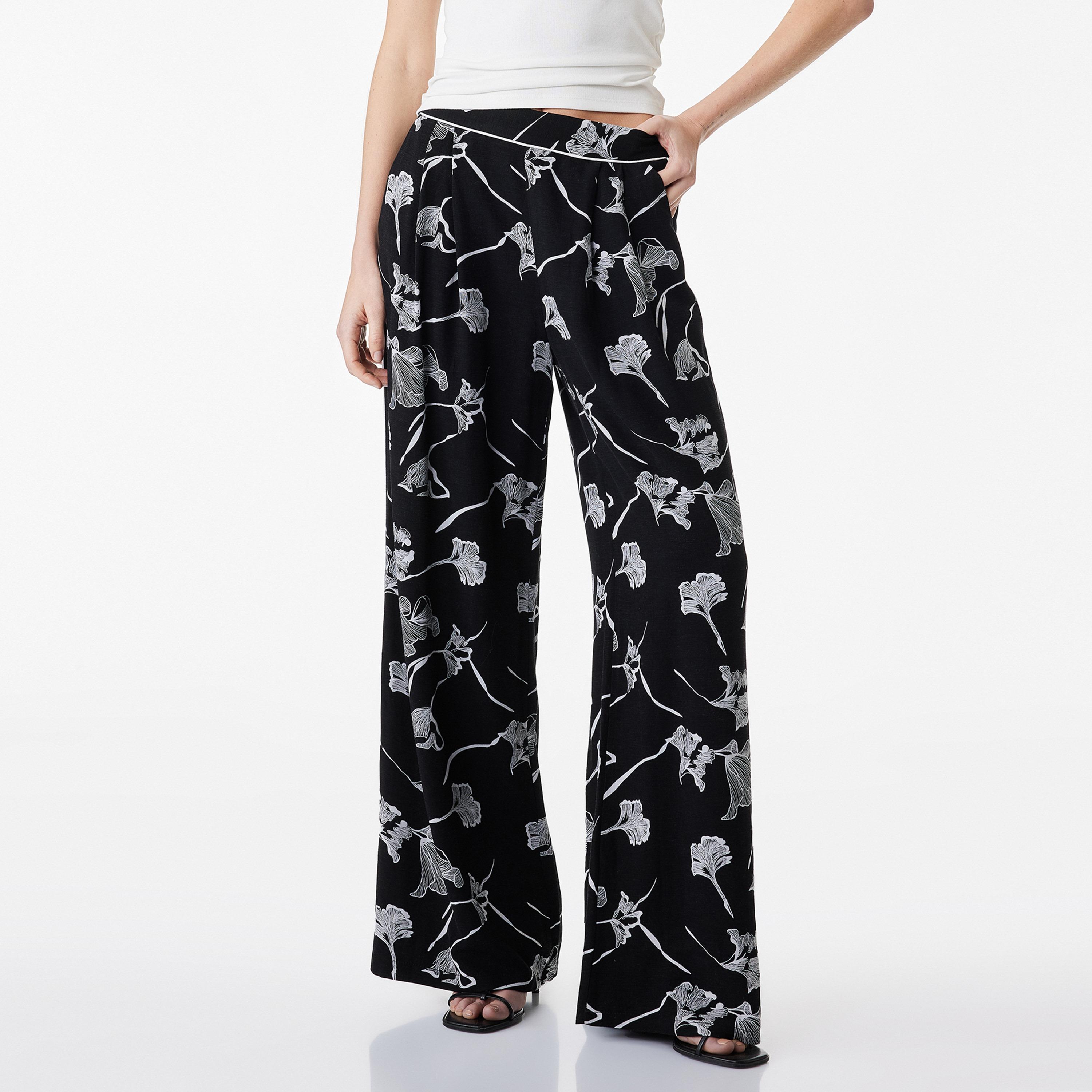 KOTON Black Floral Print Linen Semi Elasticated Waist Wide Leg Women's Trousers-women-clothing-bottoms-trousers-image-1